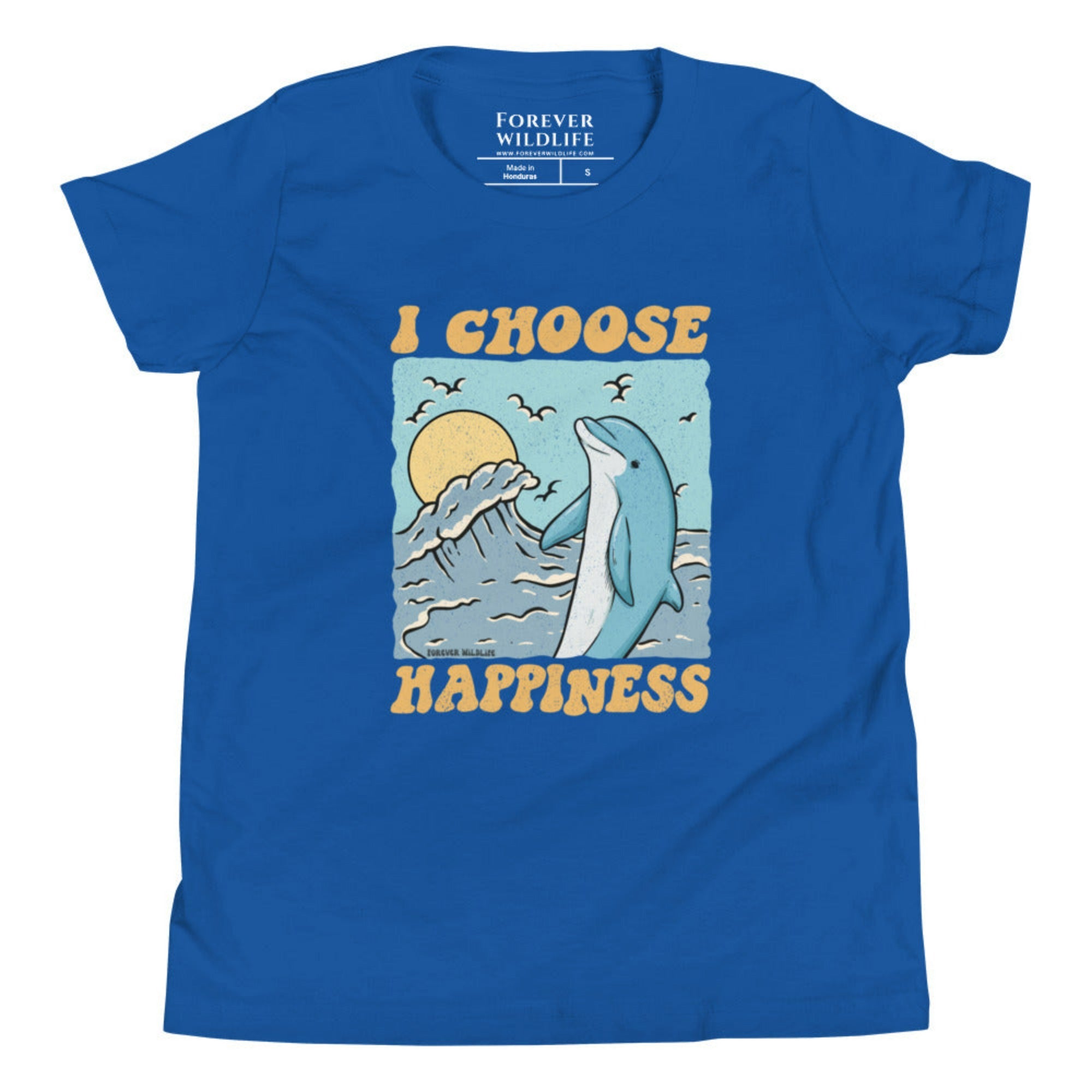 True Royal Dolphin Youth T-Shirt with dolphin graphic as part of Wildlife T-Shirts, Wildlife Clothing & Apparel by Forever Wildlife