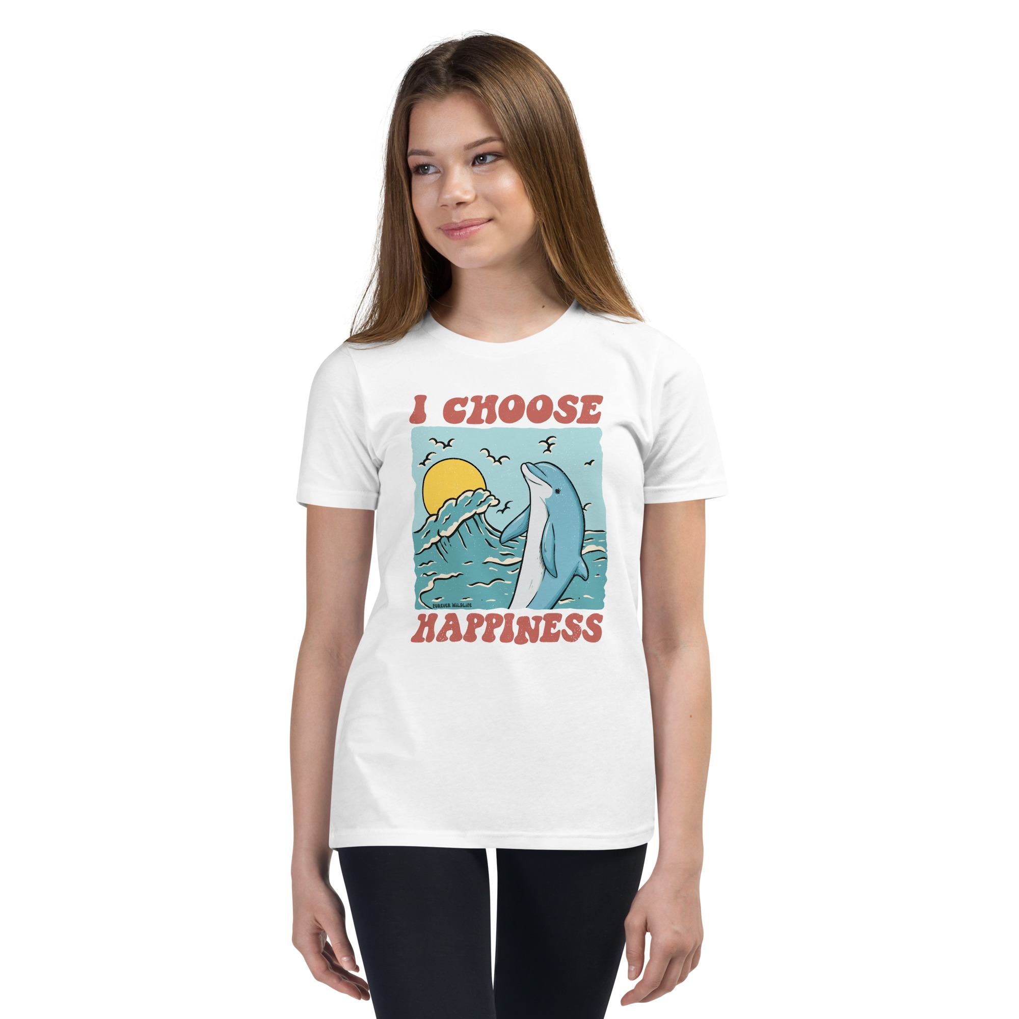 Teen wearing White Dolphin Youth T-Shirt with dolphin graphic as part of Wildlife T Shirts, Wildlife Clothing & Apparel by Forever Wildlife