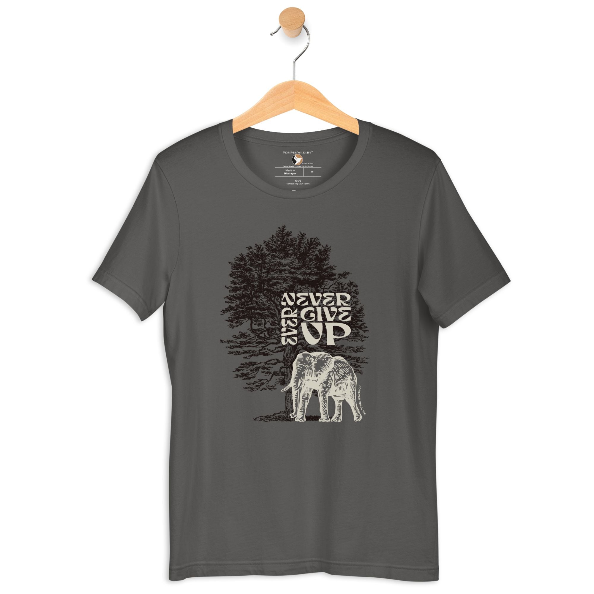 Elephant T-Shirt in Asphalt – Premium Wildlife T-Shirt Design with Never Ever Give Up text, Elephant Shirts & Wildlife Clothing