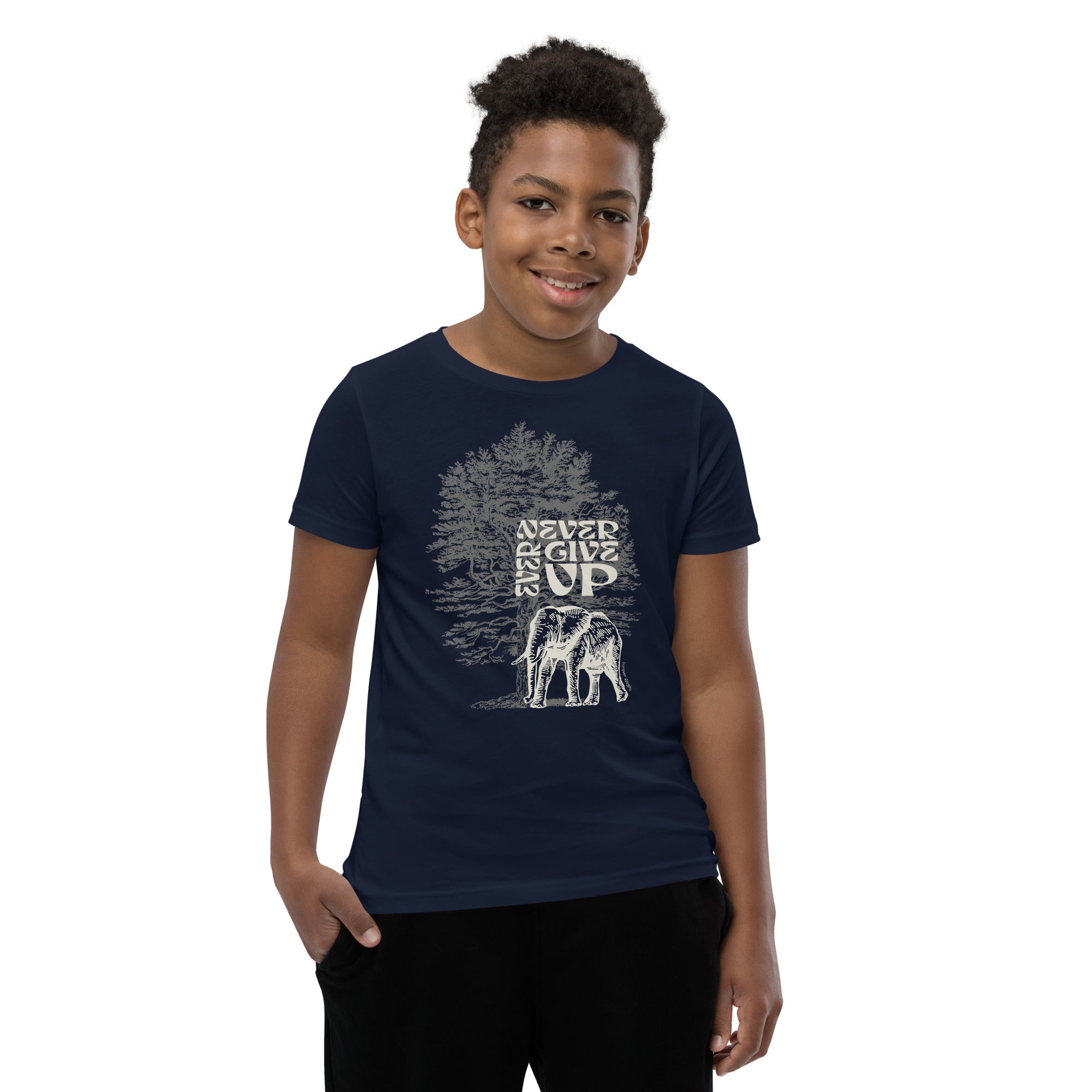 Teen wearing Navy Elephant Youth T-Shirt with Elephant graphic as part of Wildlife T Shirts, Wildlife Clothing & Apparel by Forever Wildlife