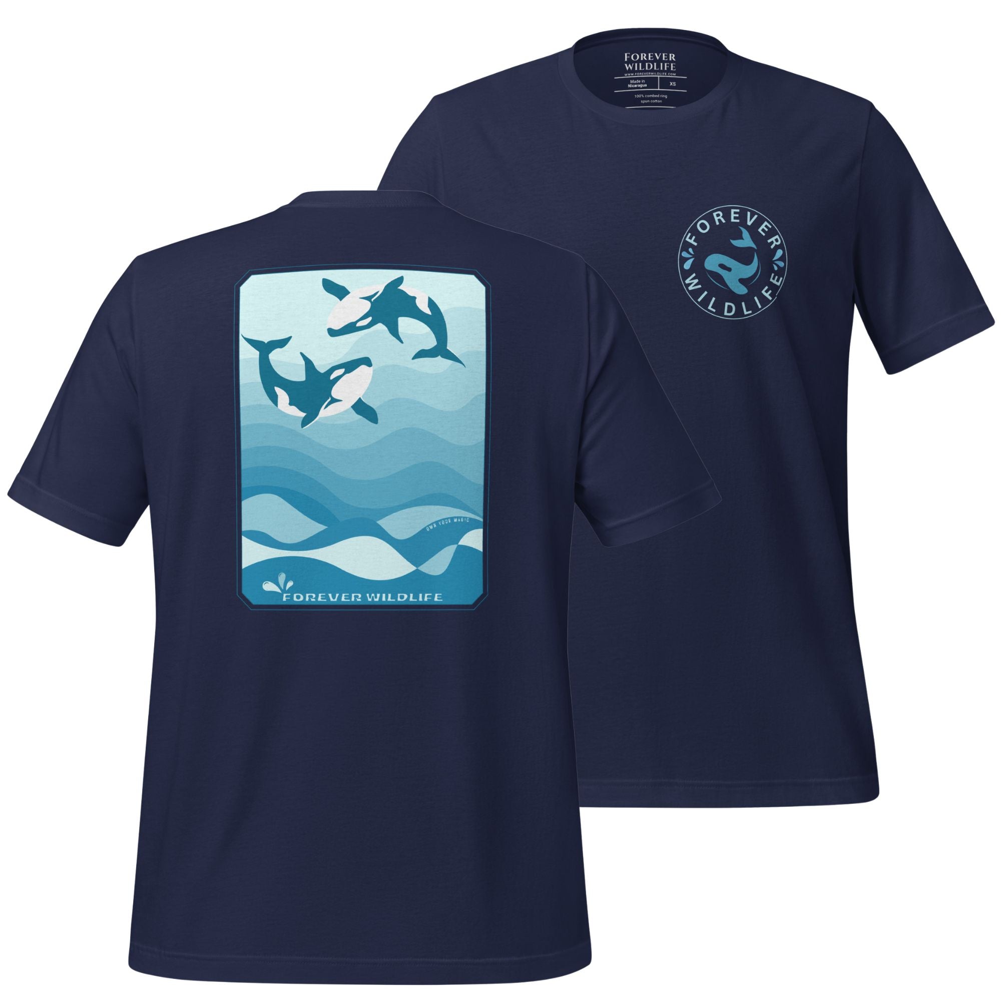 Orca Shirt, beautiful Navy Orca T-Shirt with Killer Whales on the shirt by Forever Wildlife selling Wildlife T Shirts.