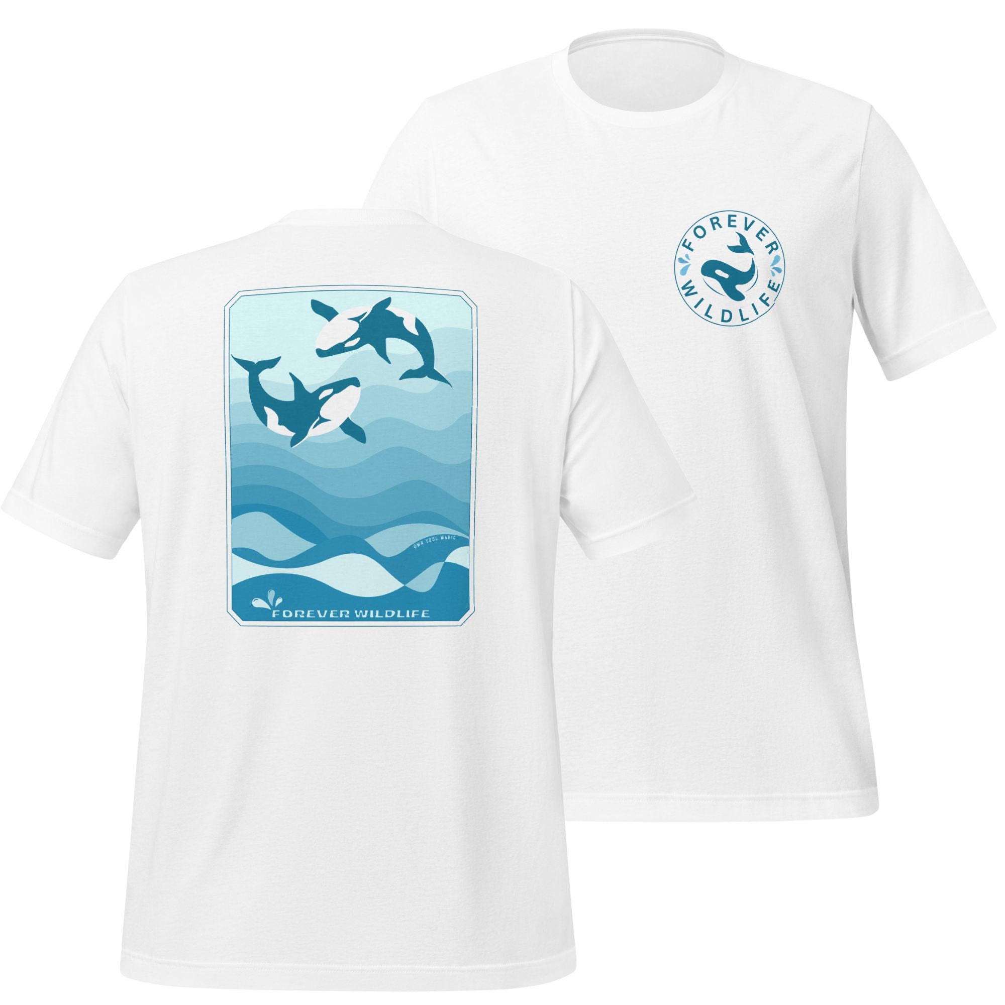 Orca Shirt, beautiful White T-Shirt with Killer Whales on the shirt by Forever Wildlife selling Wildlife T Shirts.