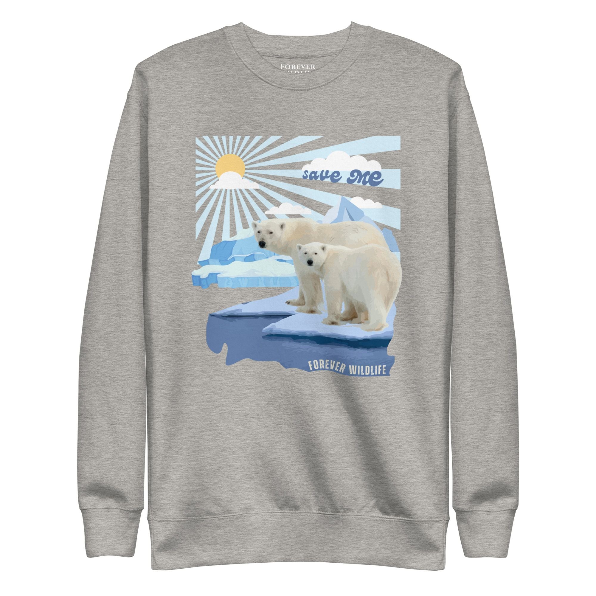 Polar Bears Sweatshirt in Carbon Grey-Premium Wildlife Animal Inspiration Sweatshirt Design with 'Save Me' text, part of Wildlife Sweatshirts & Clothing from Forever Wildlife.