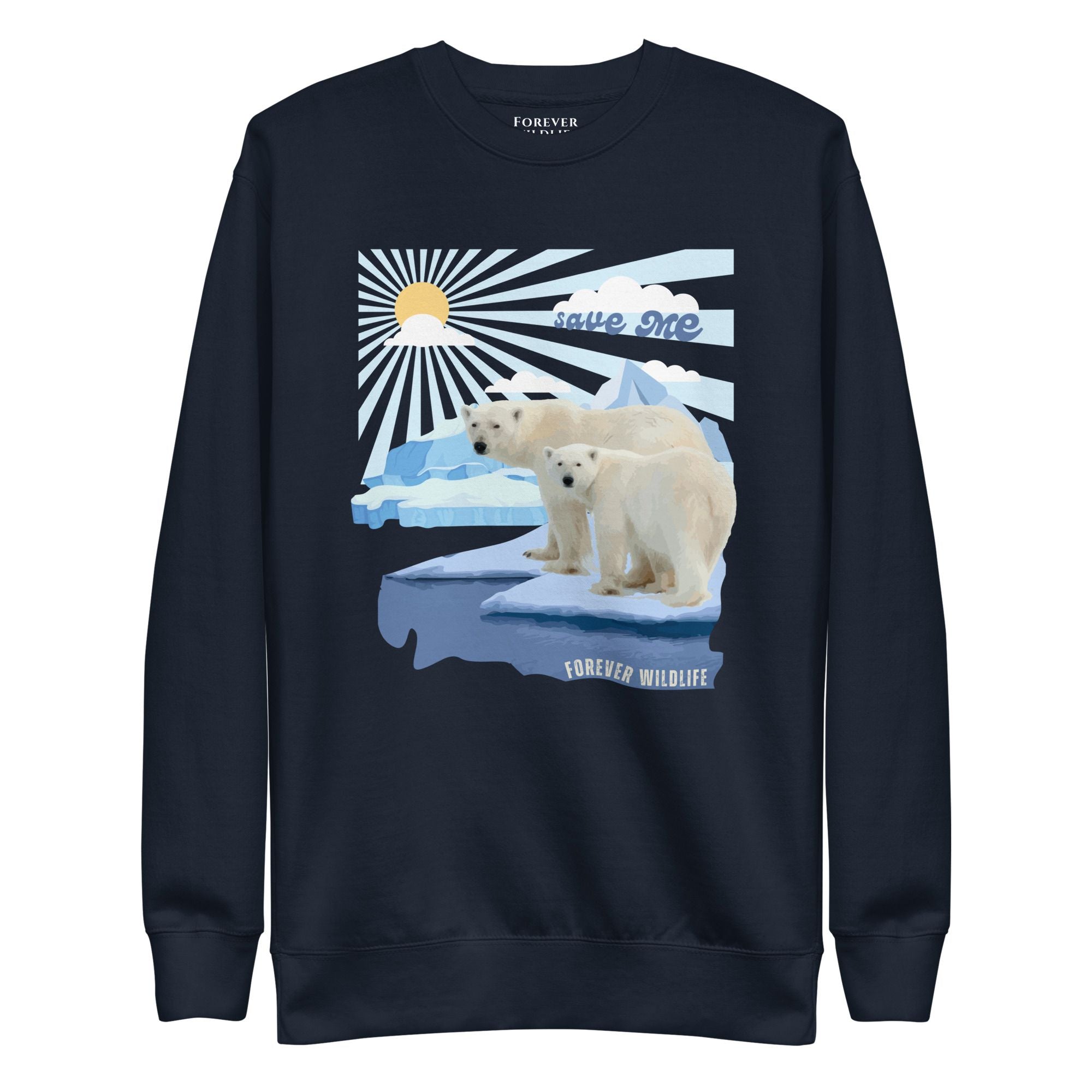  Polar Bears Sweatshirt in Navy-Premium Wildlife Animal Inspiration Sweatshirt Design with 'Save Me' text, part of Wildlife Sweatshirts & Clothing from Forever Wildlife.