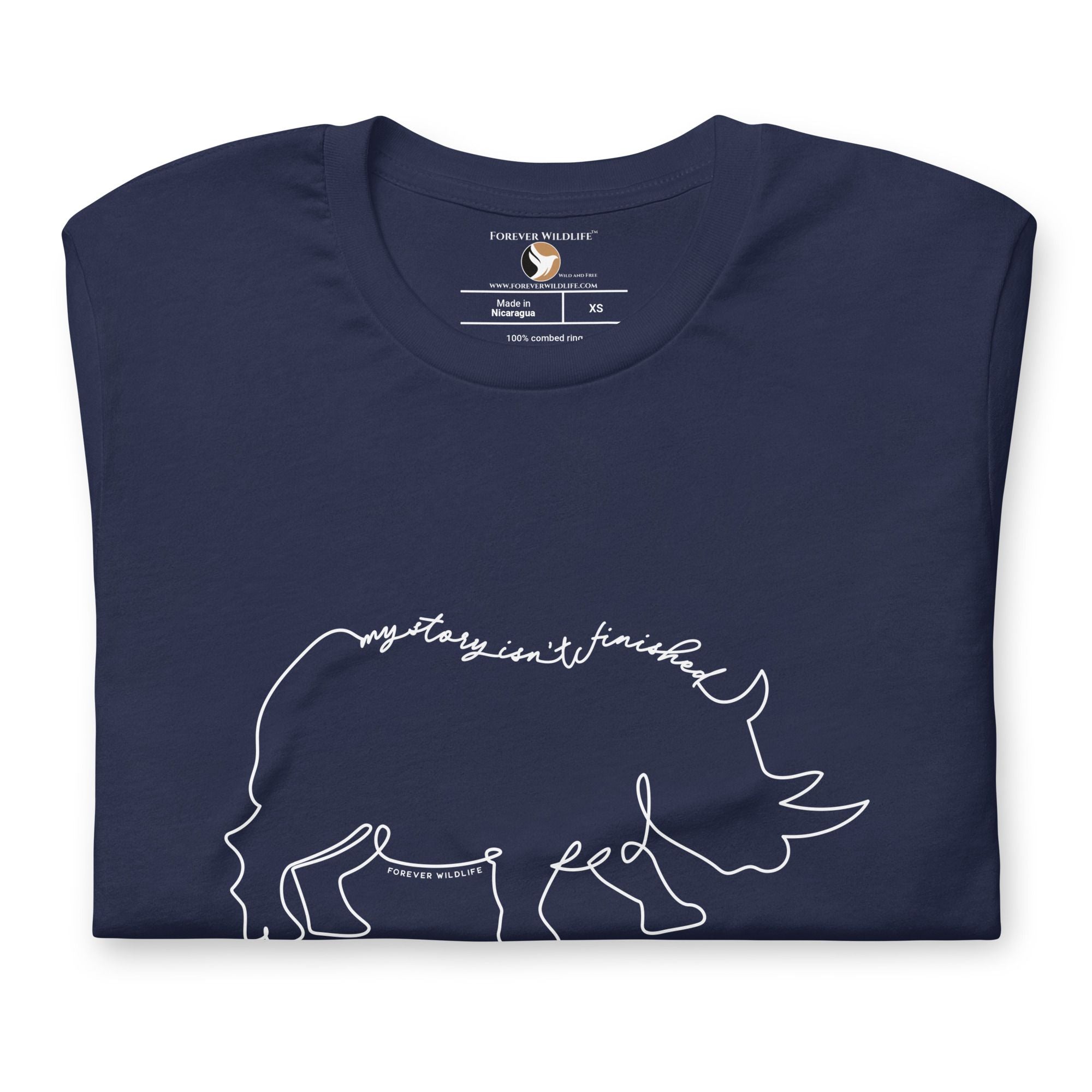Rhino T-Shirt in Navy – Premium Wildlife T-Shirt Design with My Story Isn't Finished Text, Rhino Shirts and Wildlife Clothing