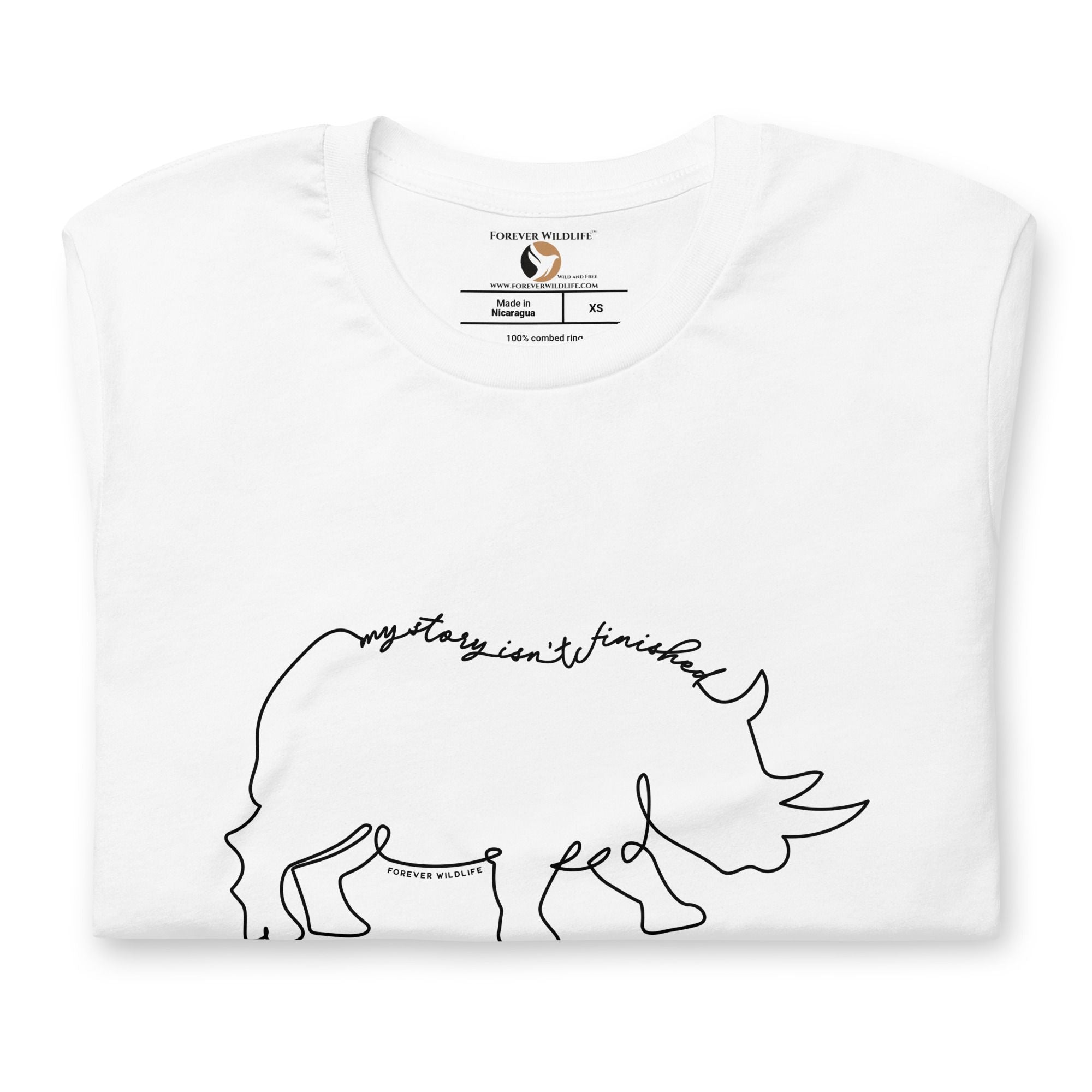 Rhino T-Shirt in White – Premium Wildlife T-Shirt Design with My Story Isn't Finished Text, Rhino Shirts and Wildlife Clothing