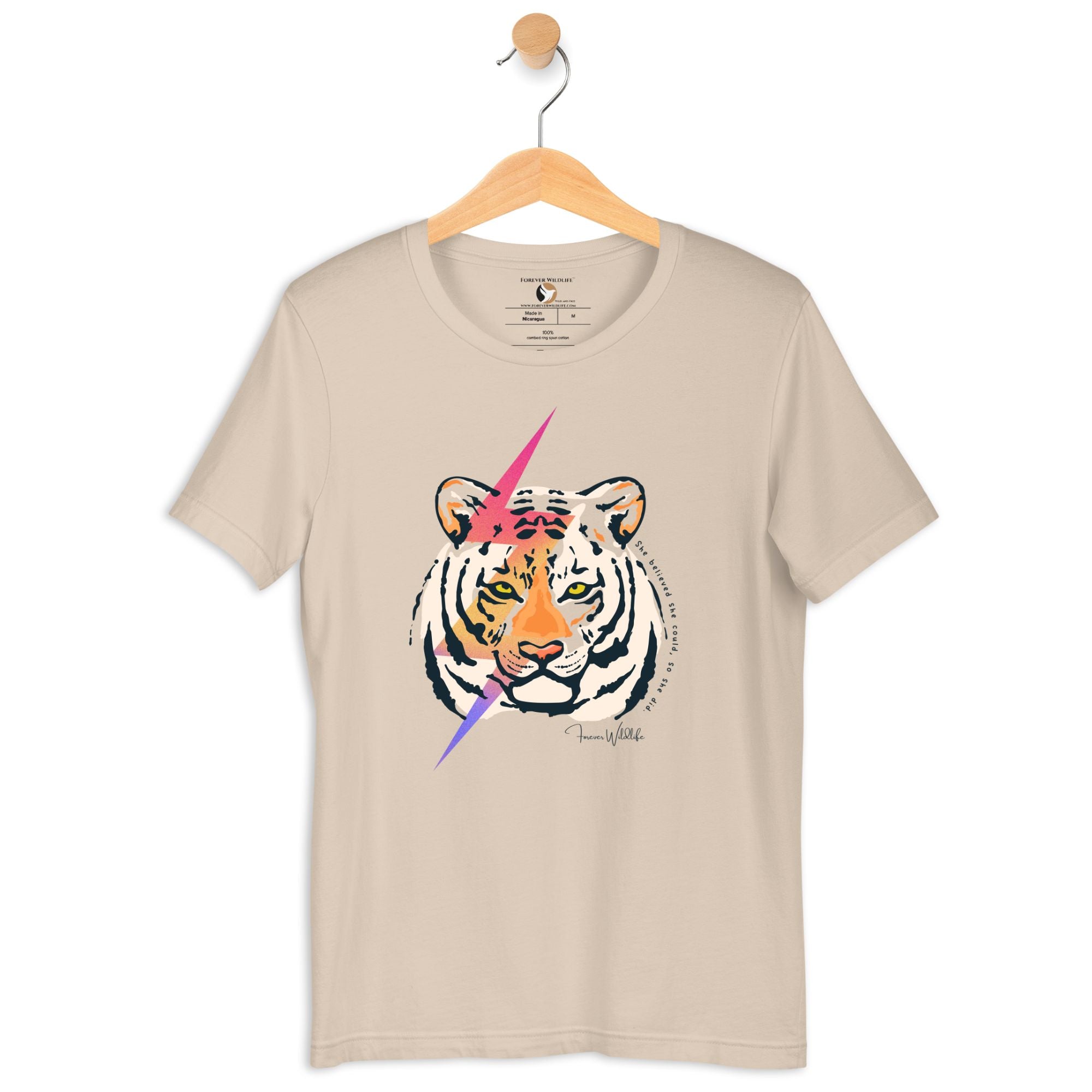 Tiger T-Shirt in Soft Cream – Premium Wildlife T-Shirt Design with She Believed She Could So She Did Text, Tiger Shirts & Wildlife Clothing