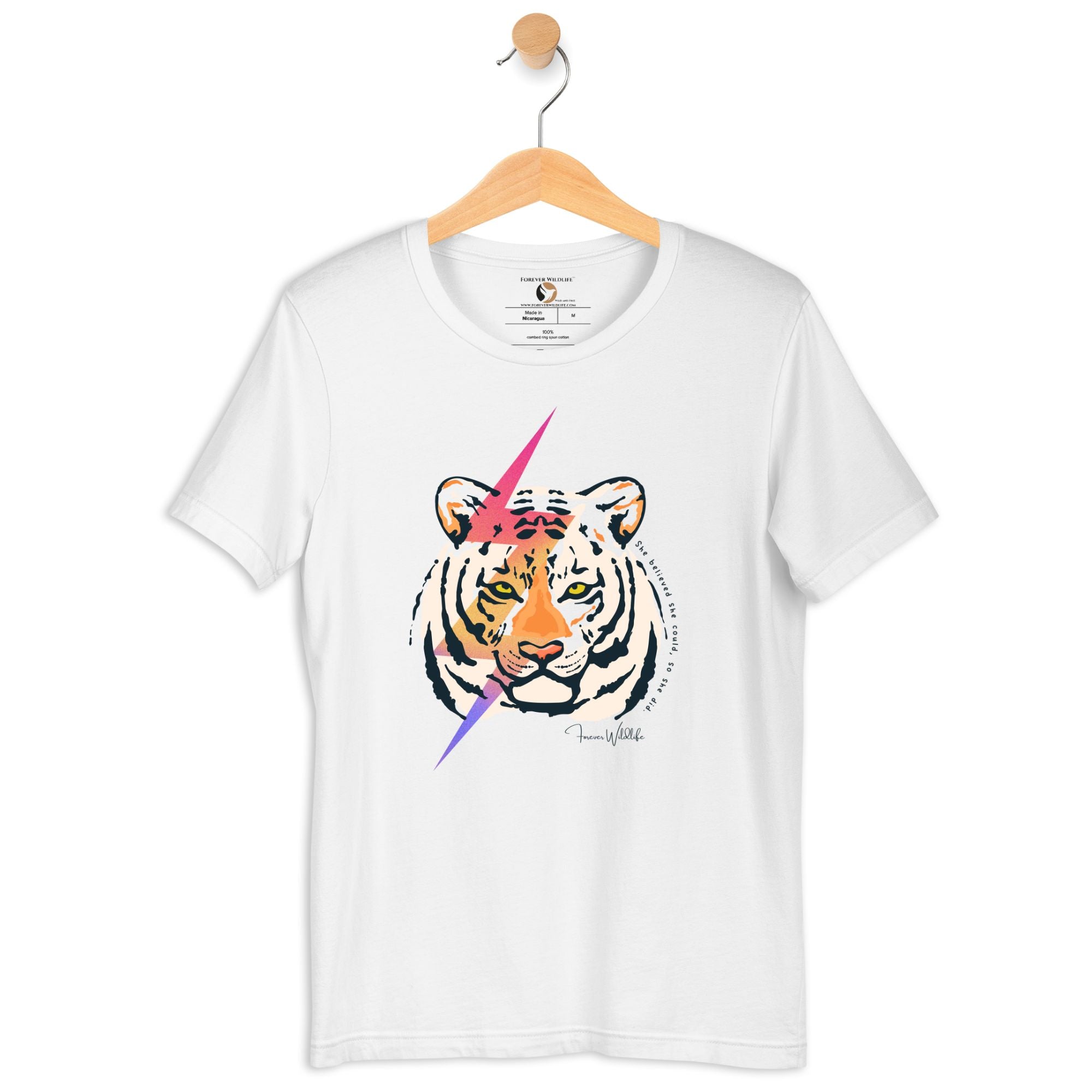 Tiger T-Shirt in White – Premium Wildlife T-Shirt Design with She Believed She Could So She Did Text, Tiger Shirts & Wildlife Clothing