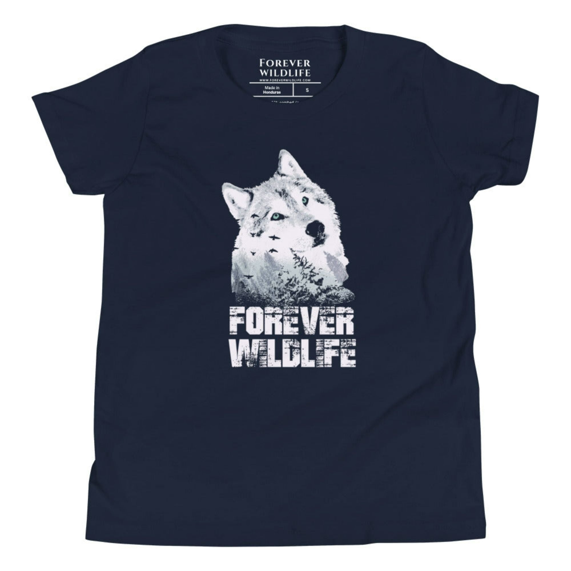 Navy Youth T-Shirt with Wolf graphic as part of Wildlife T-Shirts, Wildlife Clothing & Apparel by Forever Wildlife