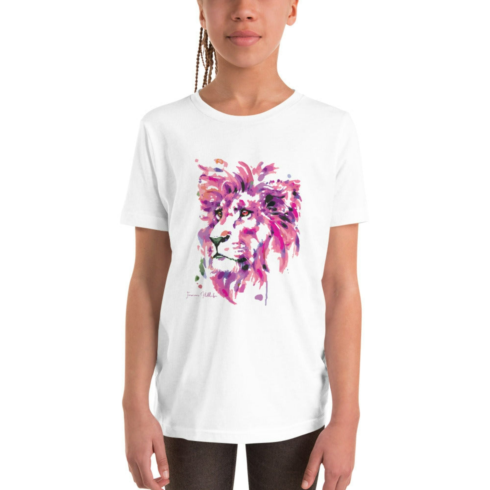 Teen wearing White Youth T-Shirt with colored lion graphic as part of Wildlife T Shirts, Wildlife Clothing & Apparel by Forever Wildlife
