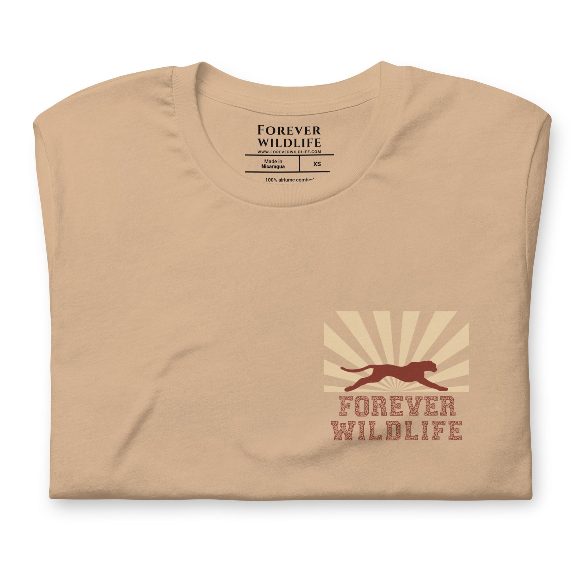 Cheetah Shirt, gorgeous tan Cheetah T-Shirt with a cheetah graphic made by Forever Wildlife selling Wildlife T-Shirts.