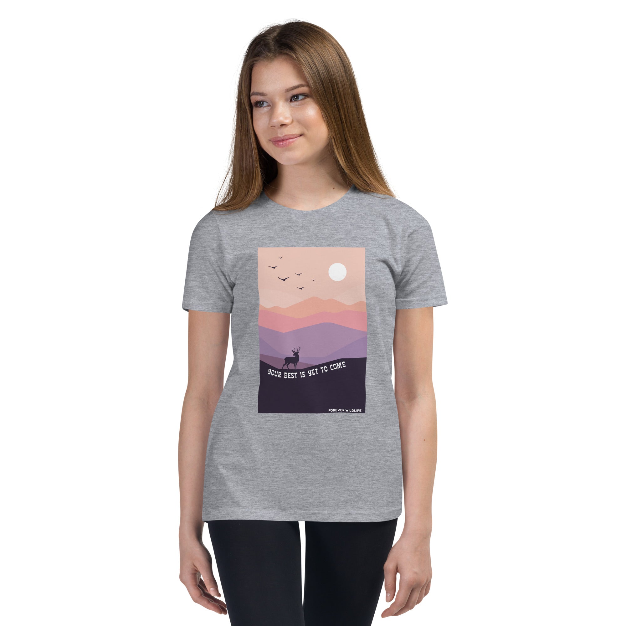 Teen wearing Grey Deer Youth T-Shirt with deer graphic as part of Wildlife T-Shirts, Wildlife Clothing & Apparel
