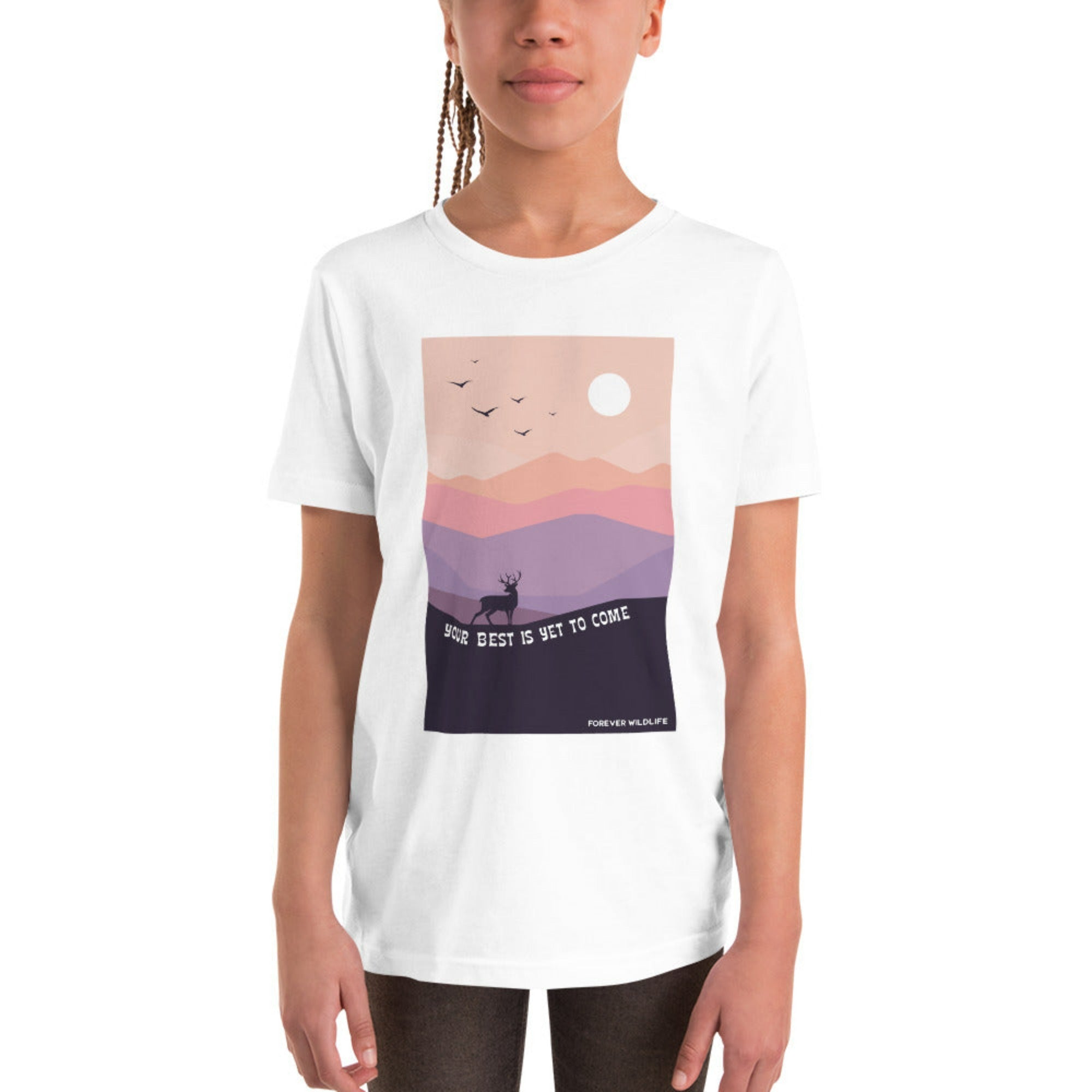 Teen wearing White deer Youth T-Shirt with deer graphic as part of Wildlife T-Shirts, Wildlife Clothing & Apparel