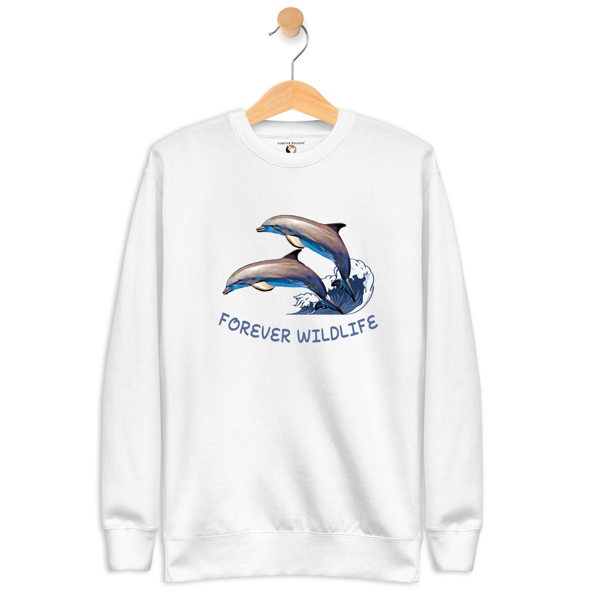 Dolphin Sweatshirt in White-Premium Wildlife Animal Inspiration Sweatshirt Design, part of Wildlife Sweatshirts & Clothing from Forever Wildlife.