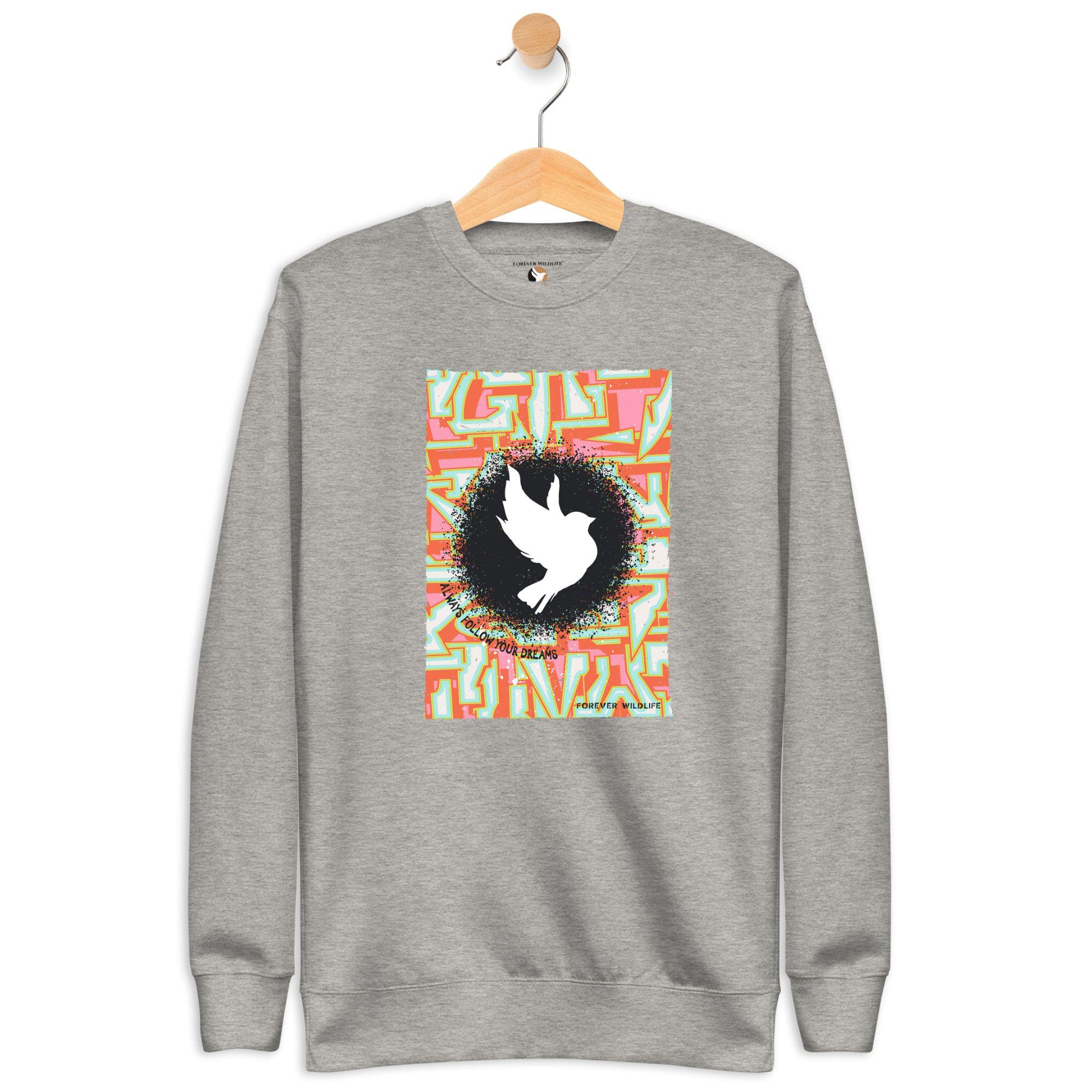 Dove Sweatshirt in Grey-Premium Wildlife Animal Inspiration Sweatshirt Design with 'Always Follow Your Dreams' text, part of Wildlife Sweatshirts & Clothing from Forever Wildlife.
