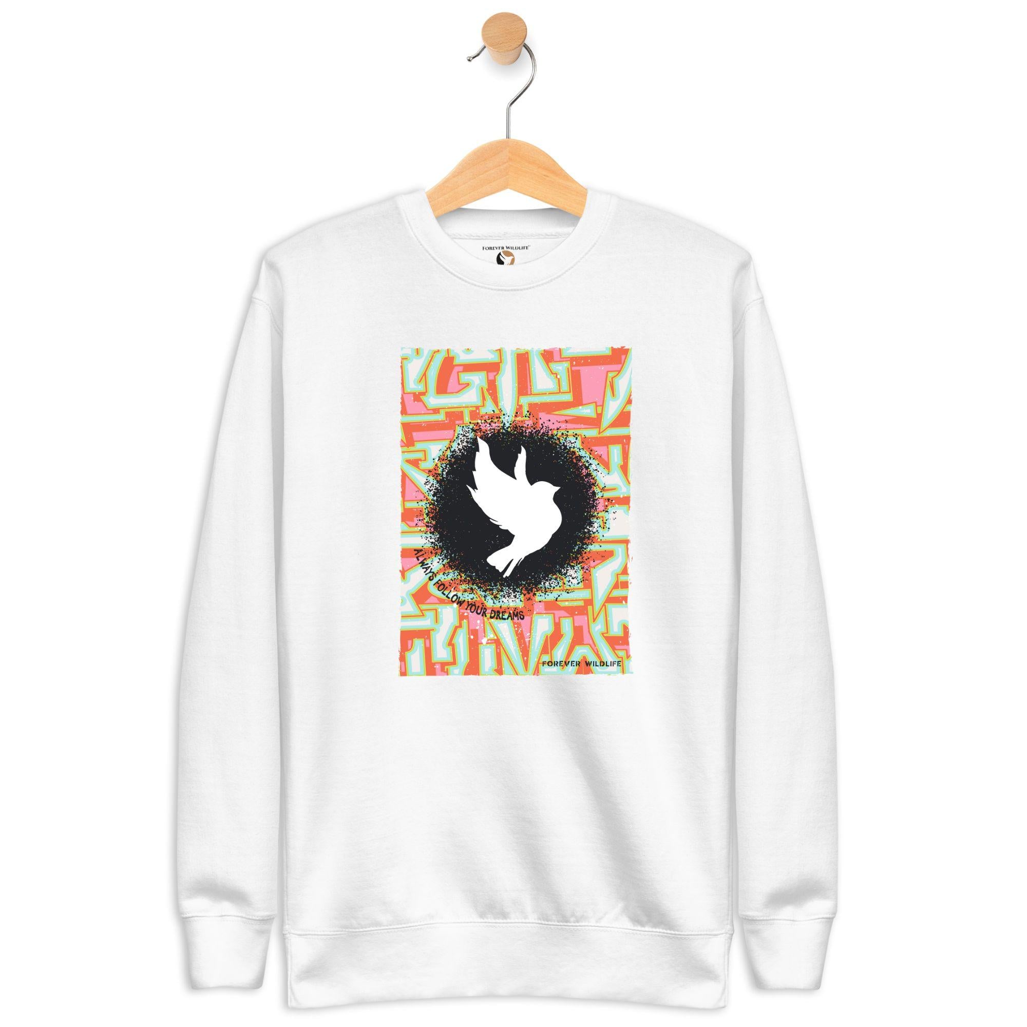 Dove Sweatshirt in White-Premium Wildlife Animal Inspiration Sweatshirt Design with 'Always Follow Your Dreams' text, part of Wildlife Sweatshirts & Clothing from Forever Wildlife.