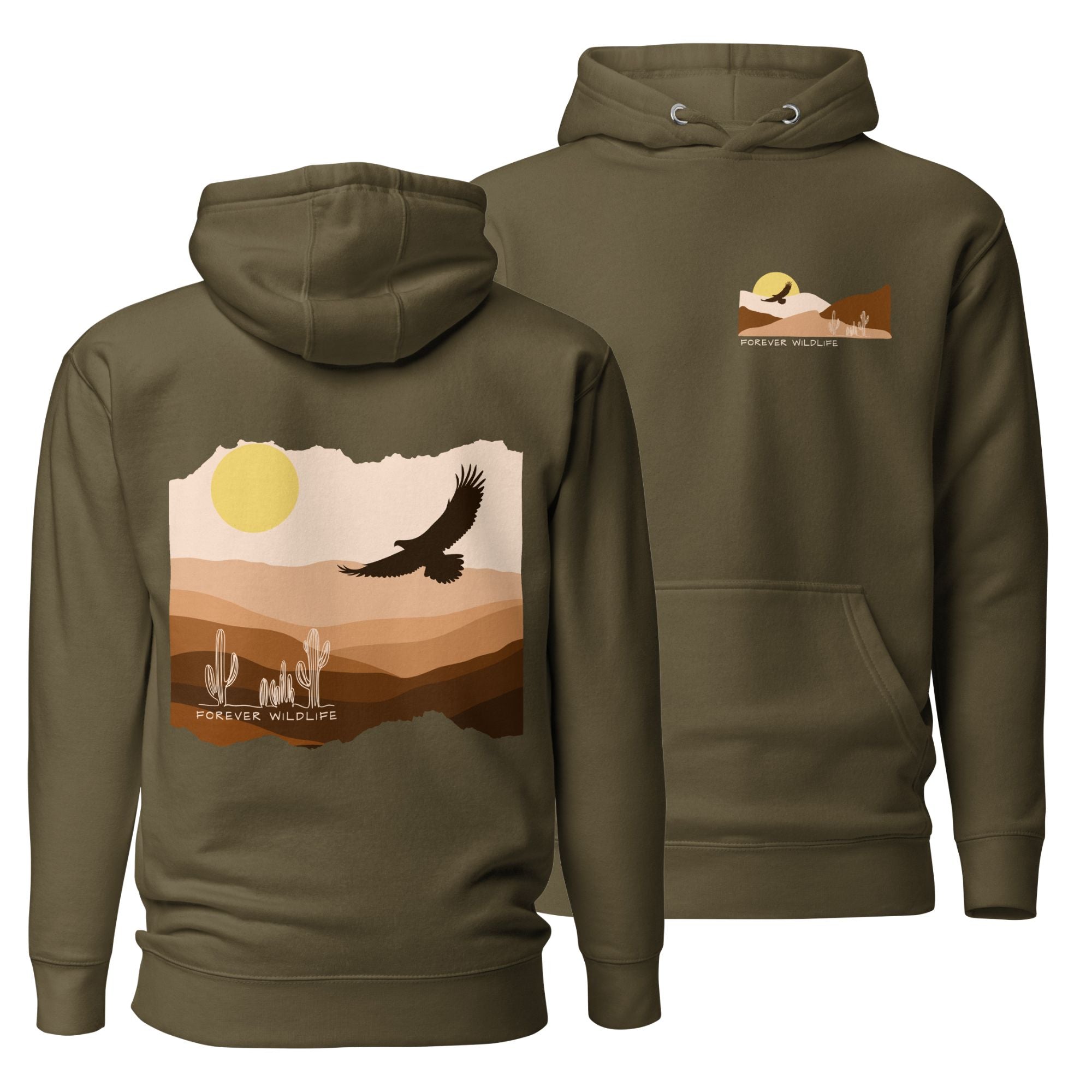 Eagle Hoodie, beautiful military green Eagle hoodie with eagle soaring over the desert part of Wildlife Hoodies collection.