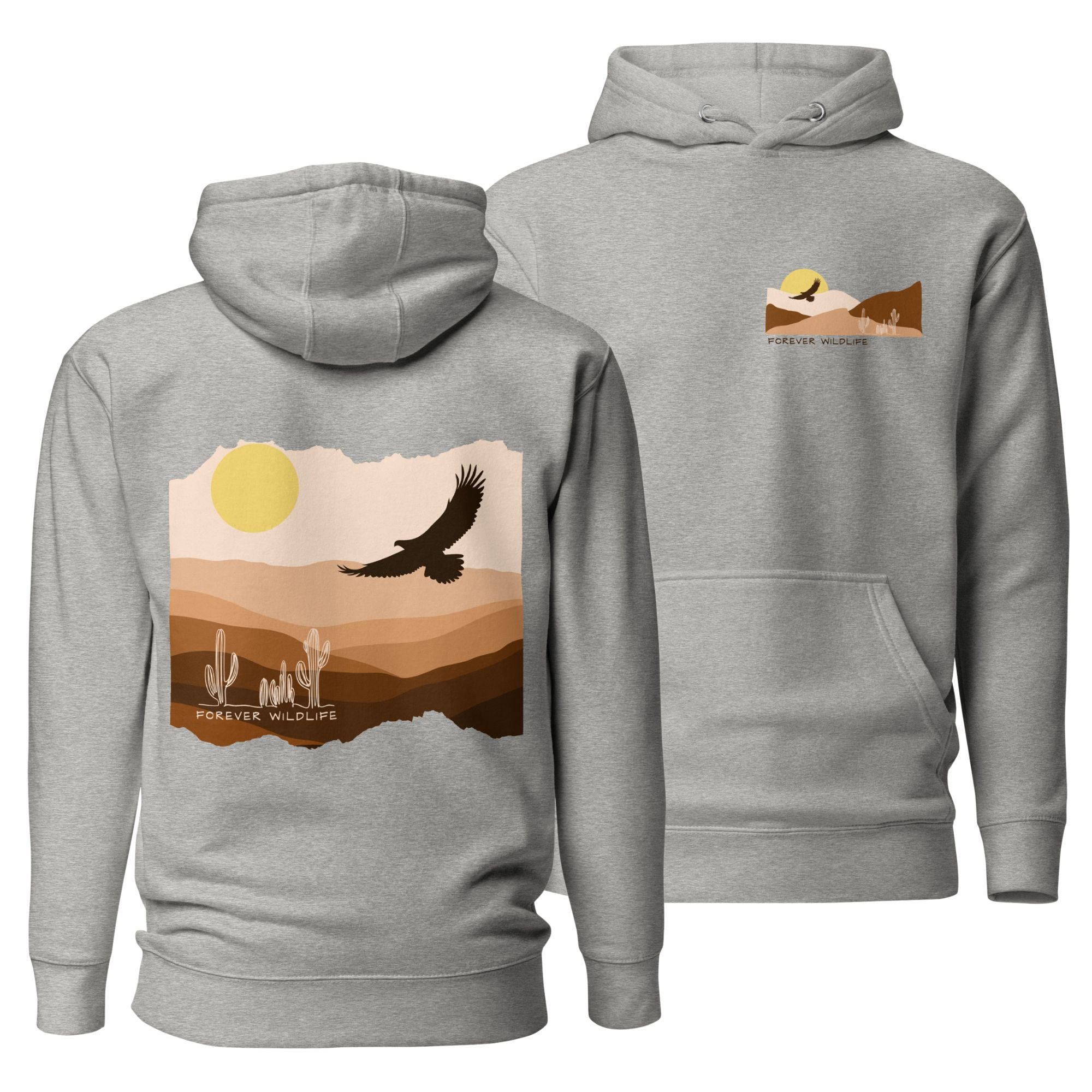  Eagle Hoodie, beautiful grey Eagle hoodie with eagle soaring over the desert part of Wildlife Hoodies collection.