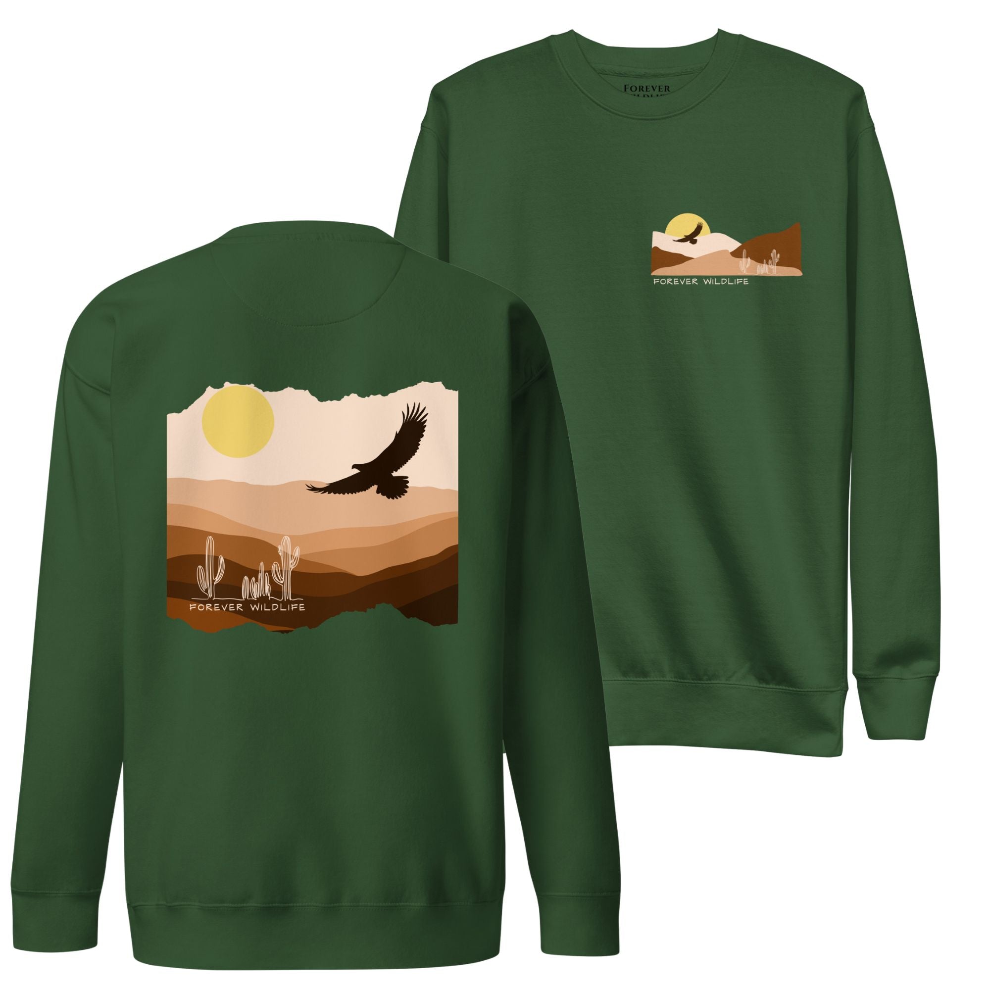 Eagle Sweatshirt, beautiful forest green Eagle sweatshirt with eagle soaring over the desert part of Wildlife Sweatshirts collection.
