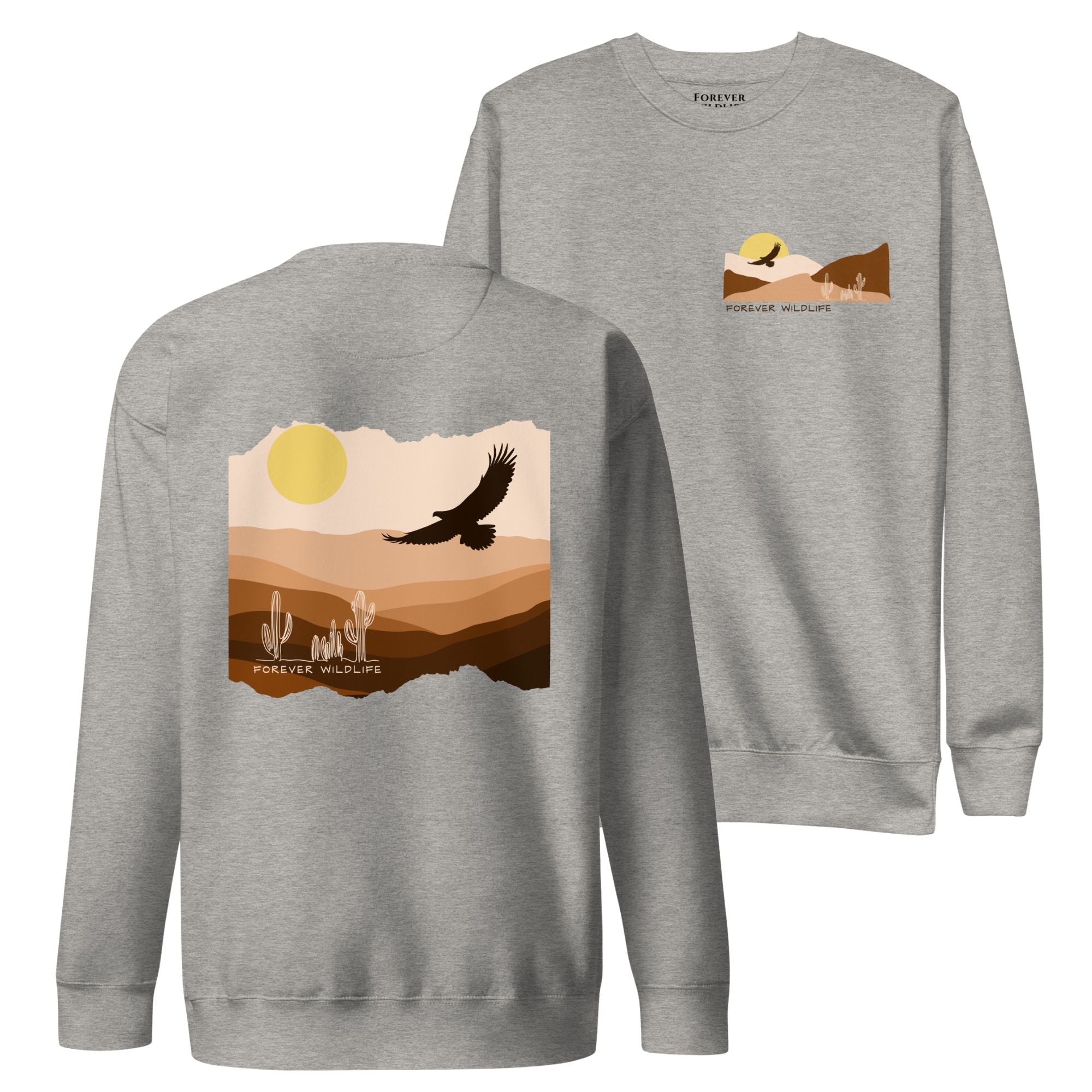 Eagle Sweatshirt, beautiful grey Eagle sweatshirt with eagle soaring over the desert part of Wildlife Sweatshirts collection.