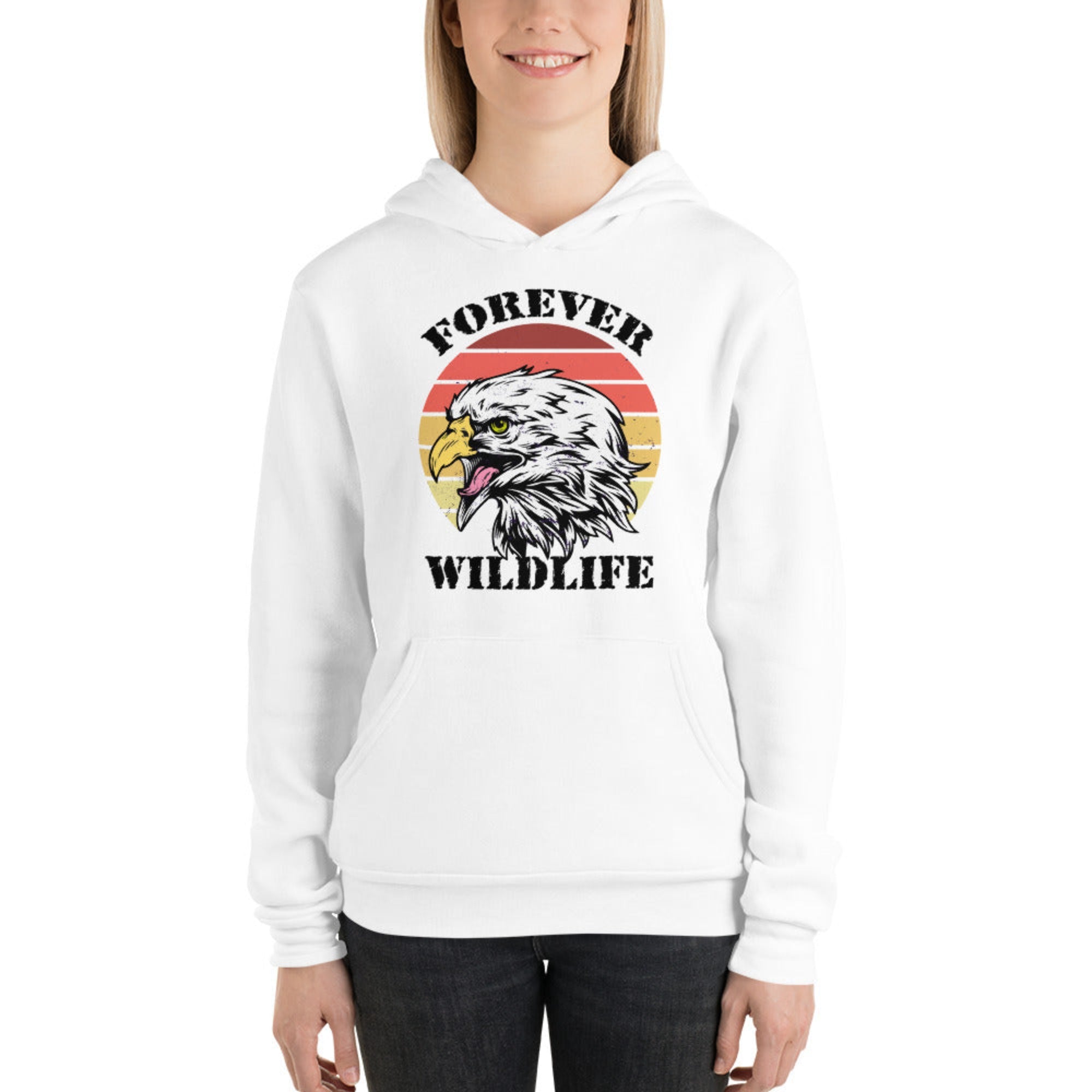 Woman wearing White Eagle Hoodie, Premium Wildlife Animal Inspirational Hoodie Design, part of Wildlife Hoodies & Clothing from Forever Wildlife