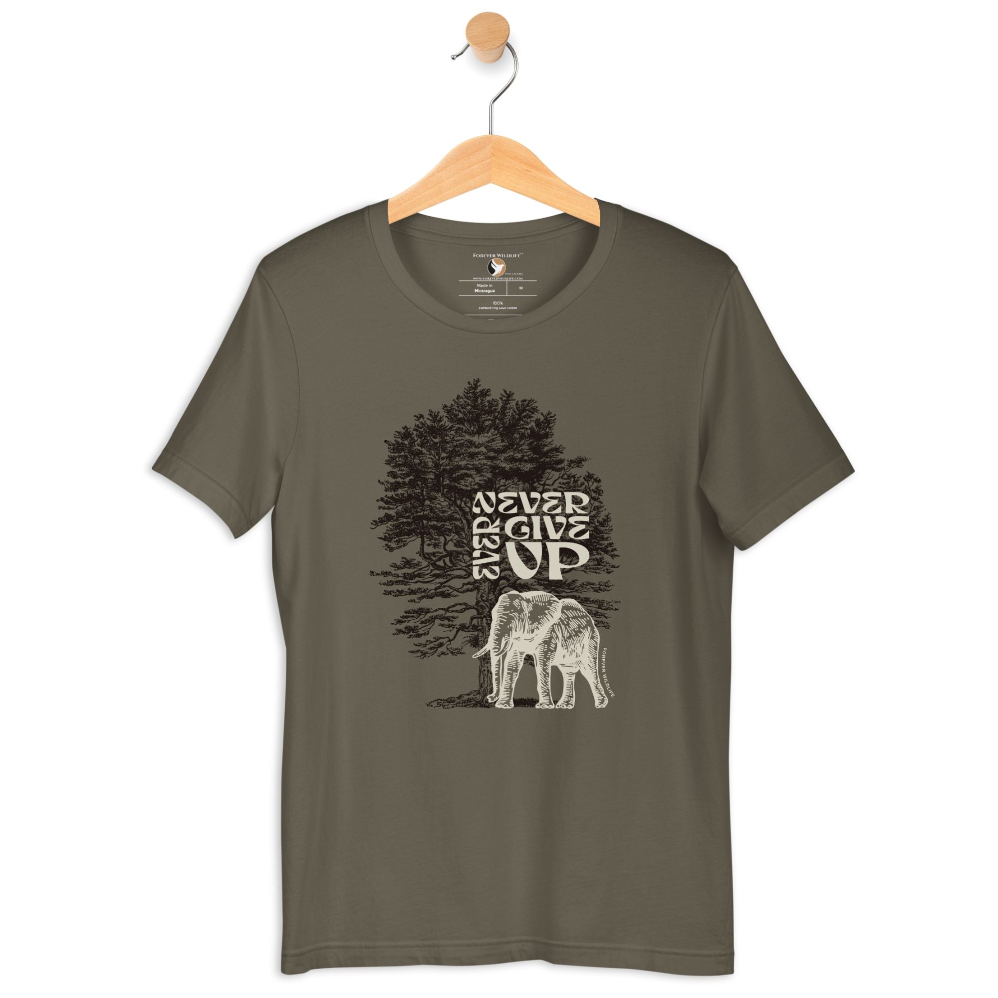 Elephant T-Shirt in Army – Premium Wildlife T-Shirt Design with Never Ever Give Up text, Elephant Shirts & Wildlife Clothing