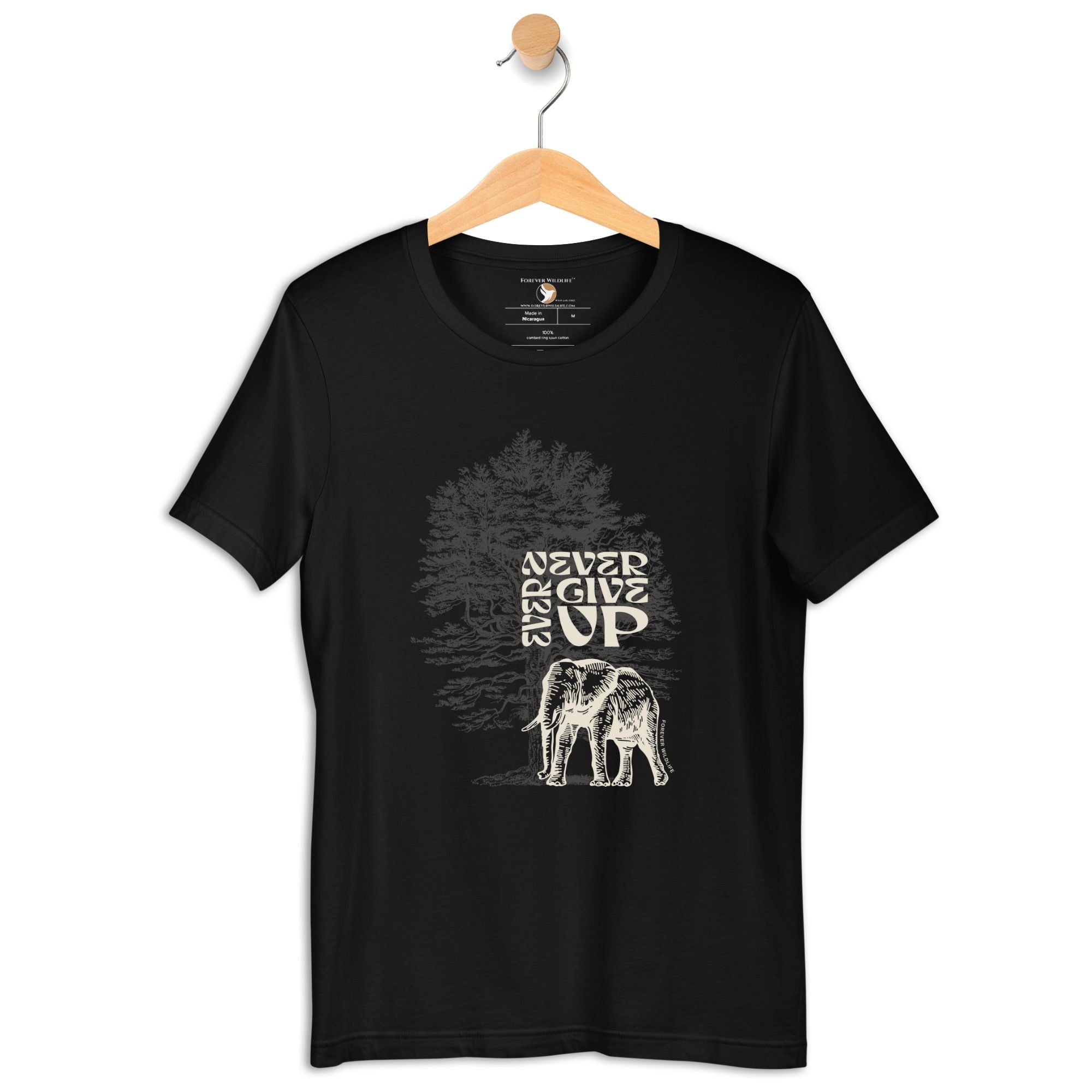 Elephant T-Shirt in Black – Premium Wildlife T-Shirt Design with Never Ever Give Up text, Elephant Shirts & Wildlife Clothing