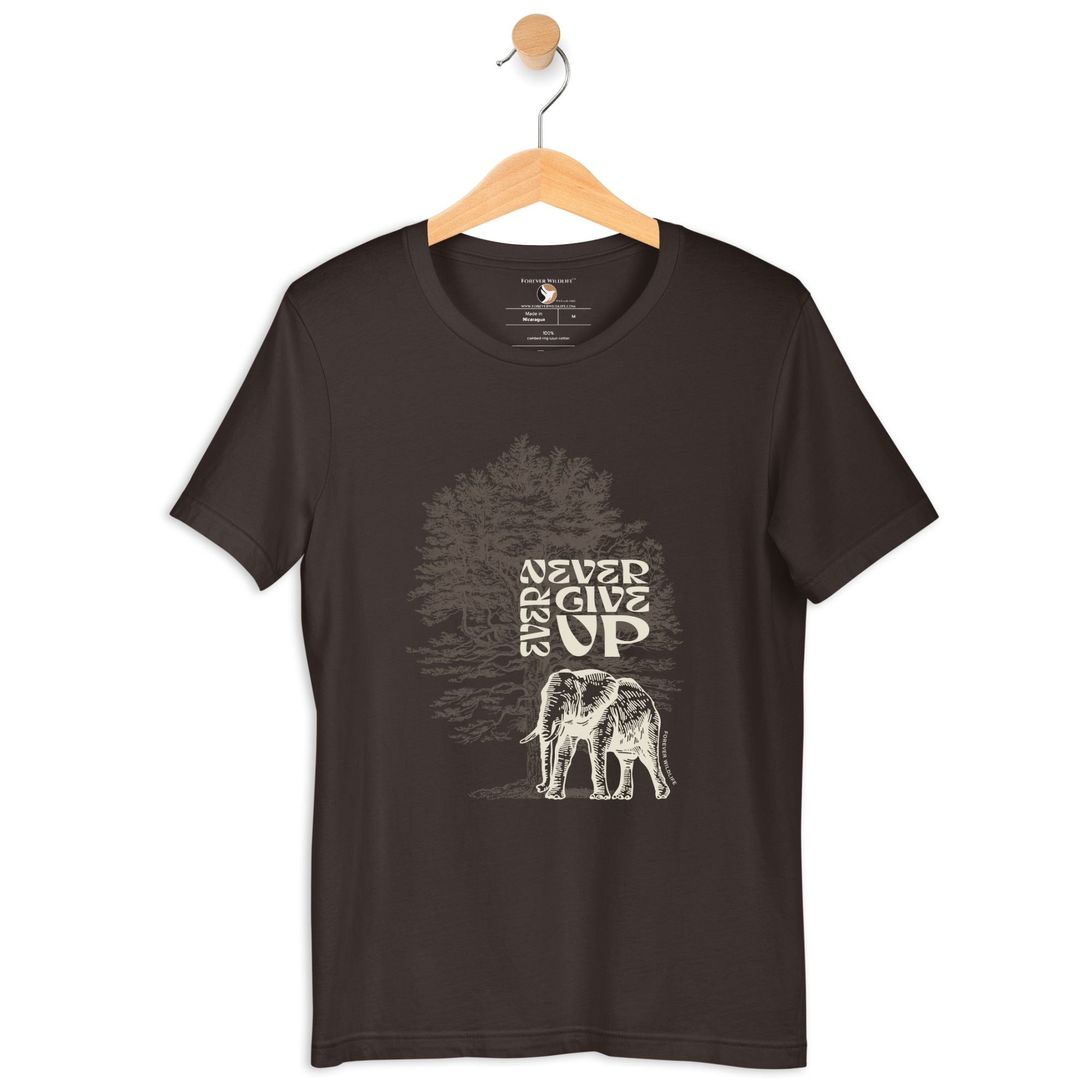 Elephant T-Shirt in Brown – Premium Wildlife T-Shirt Design with Never Ever Give Up text, Elephant Shirts & Wildlife Clothing