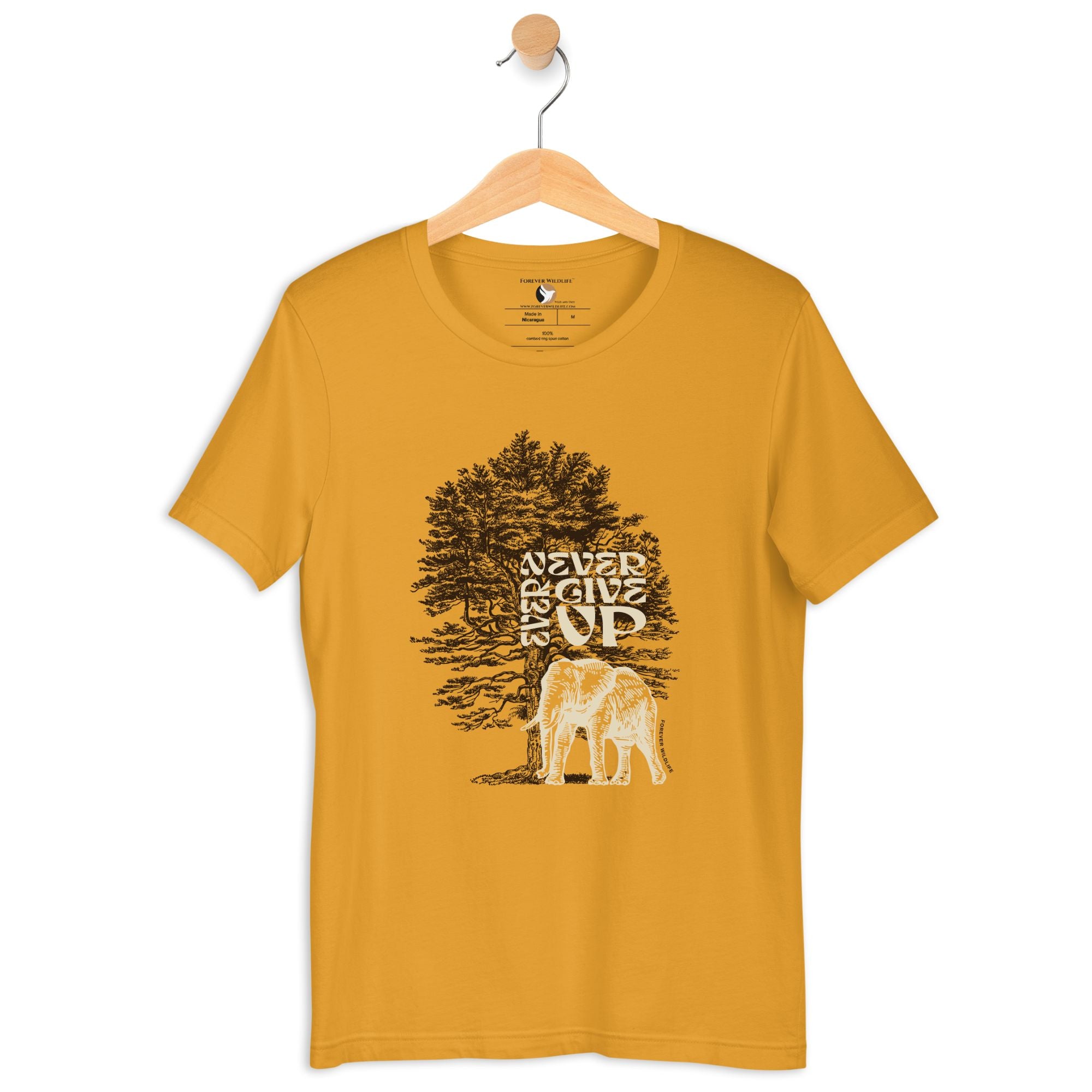 Elephant T-Shirt in Mustard – Premium Wildlife T-Shirt Design with Never Ever Give Up text, Elephant Shirts & Wildlife Clothing