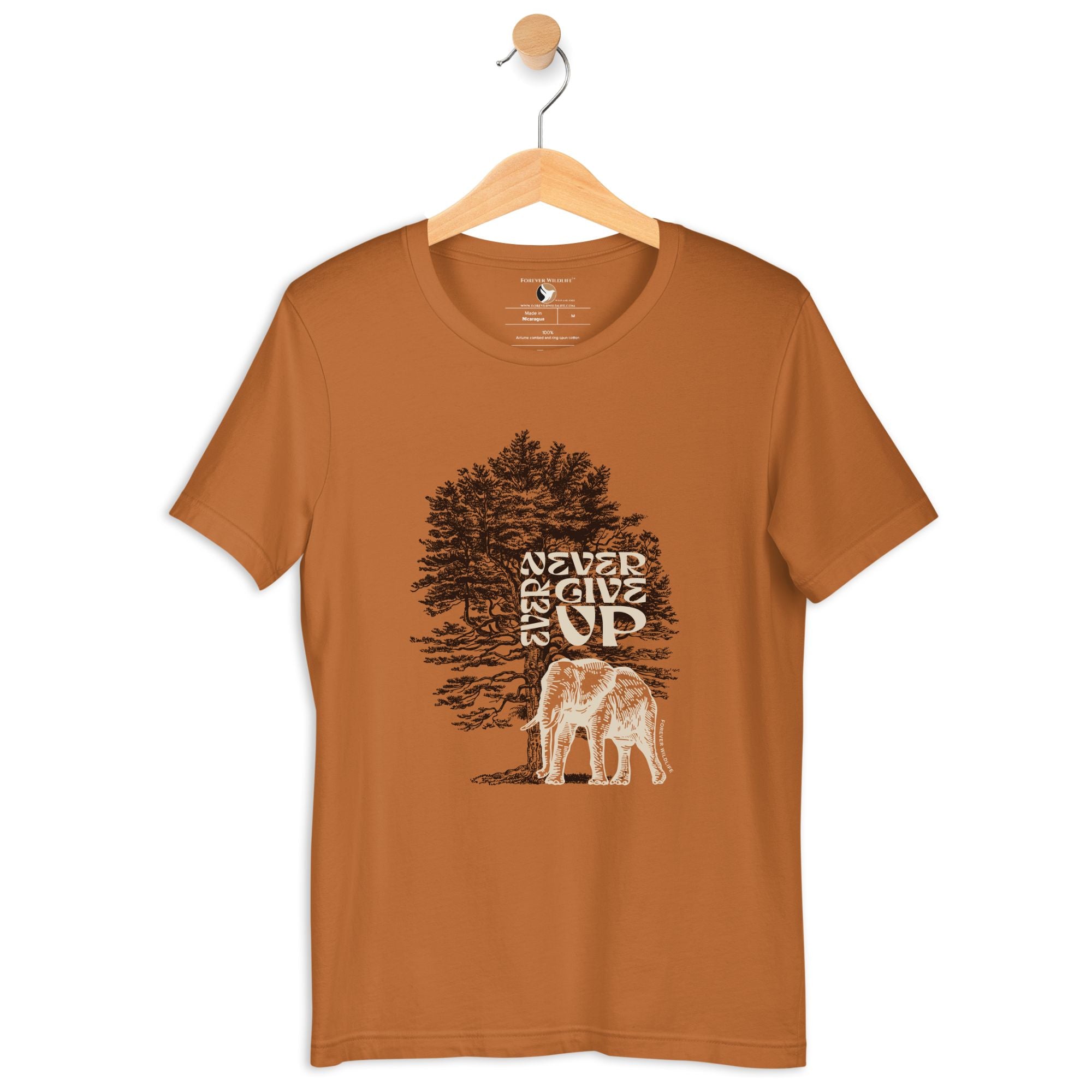 Elephant T-Shirt in Toast – Premium Wildlife T-Shirt Design with Never Ever Give Up text, Elephant Shirts & Wildlife Clothing