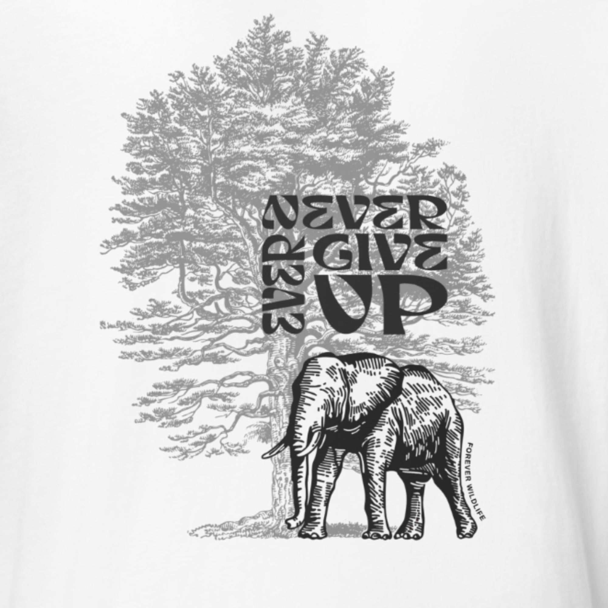 Elephant T-Shirt in White – Premium Wildlife T-Shirt Design with Never Ever Give Up text, Elephant Shirts & Wildlife Clothing