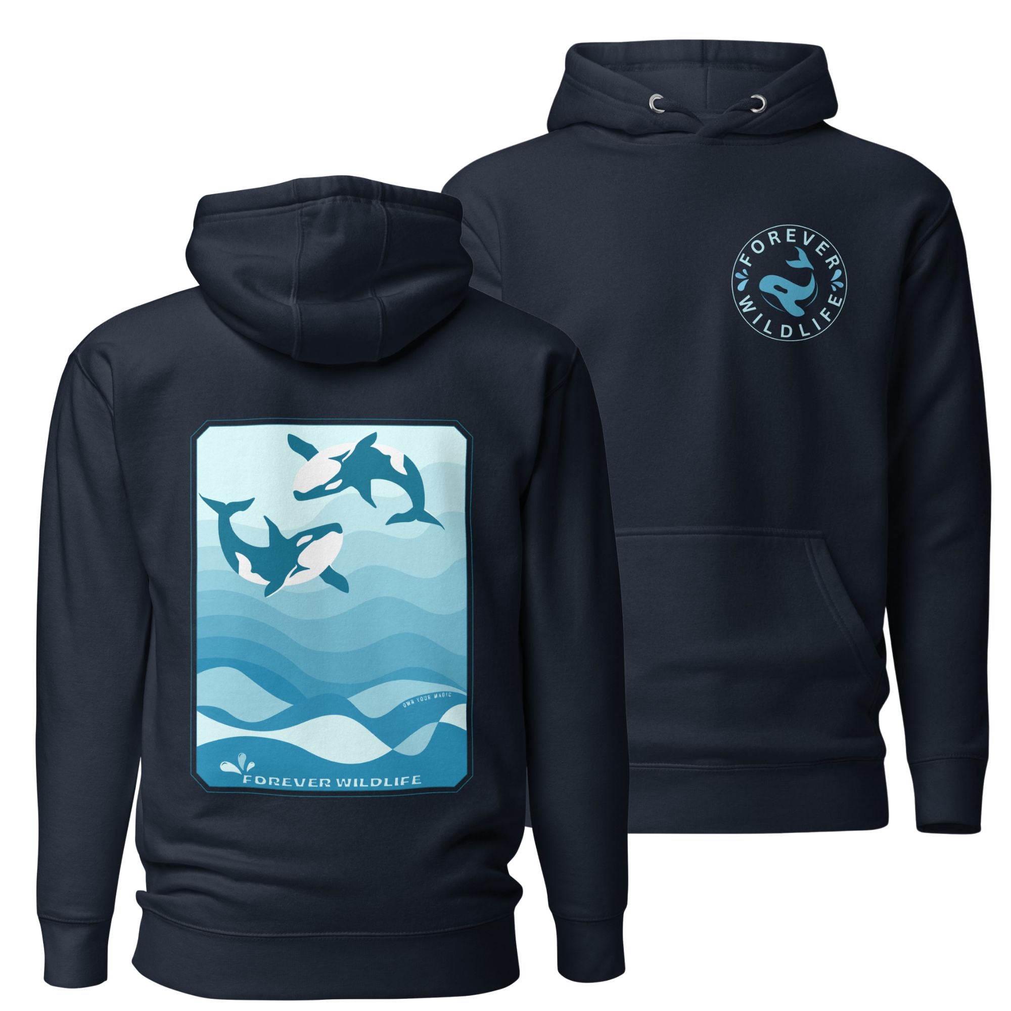 Orca Hoodie, beautiful Navy Orca hoodie with Killer Whales on the hoodie by Forever Wildlife selling Wildlife hoodies.