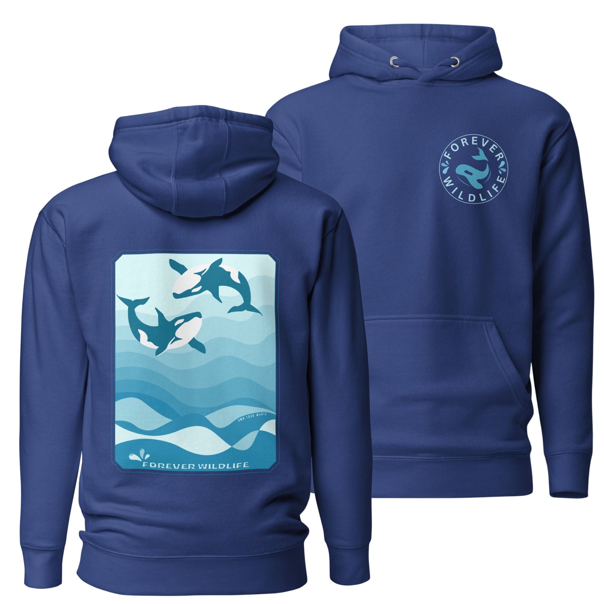 Orca Hoodie, beautiful Royal Blue Orca hoodie with Killer Whales on the hoodie by Forever Wildlife selling Wildlife hoodies.