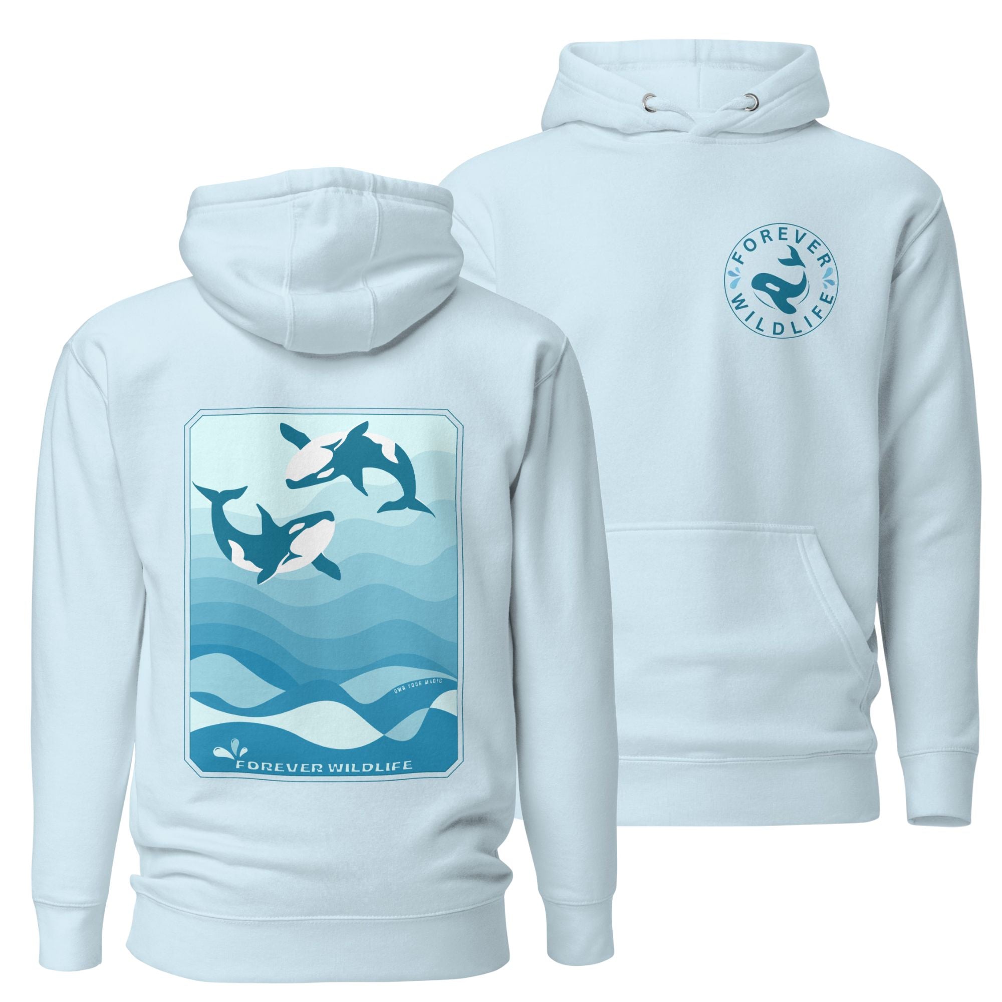 Orca Hoodie, beautiful sky blue Orca hoodie with Killer Whales on the hoodie by Forever Wildlife selling Wildlife hoodies.