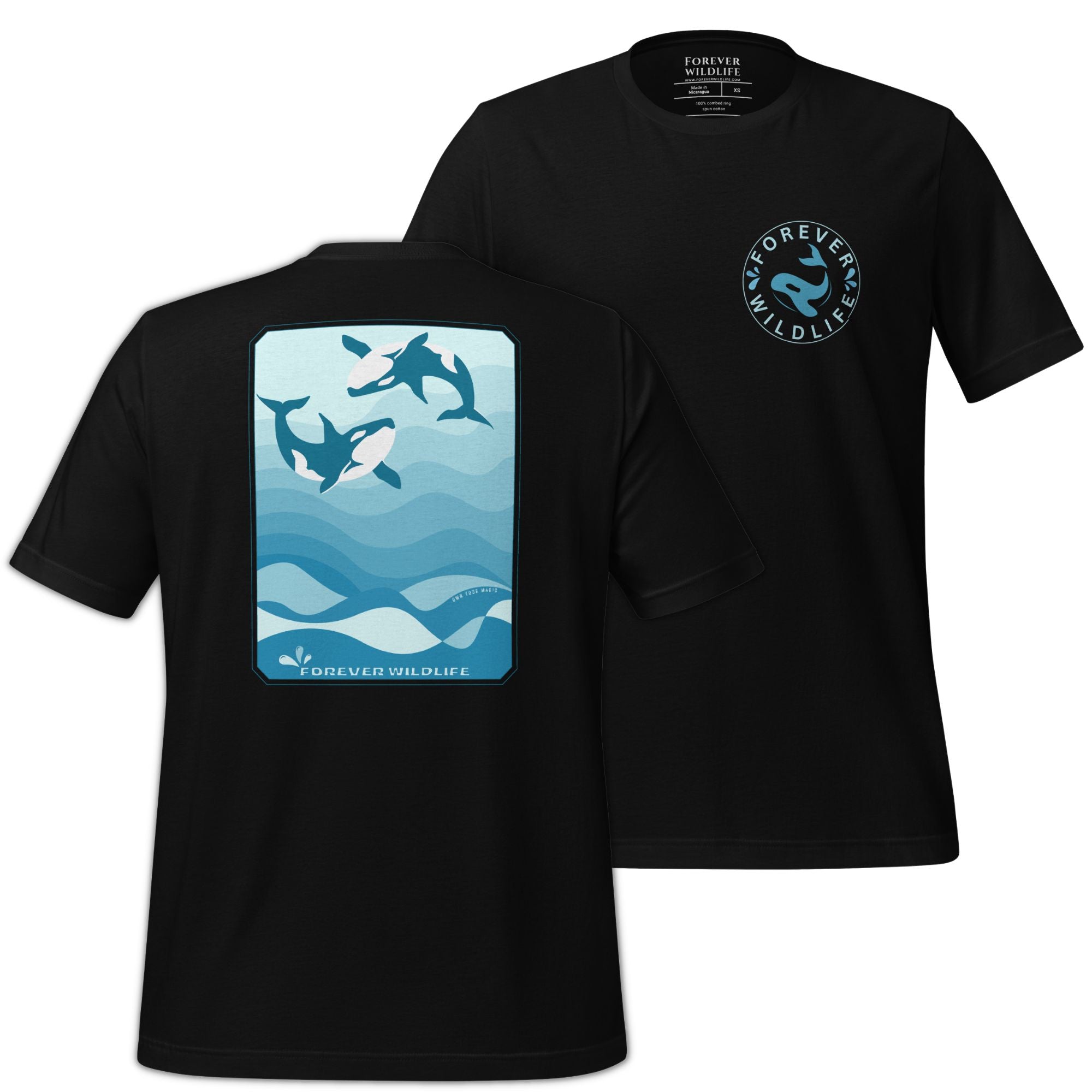 Orca Shirt, beautiful Black Orca T-Shirt with Killer Whales on the shirt by Forever Wildlife selling Wildlife T Shirts.