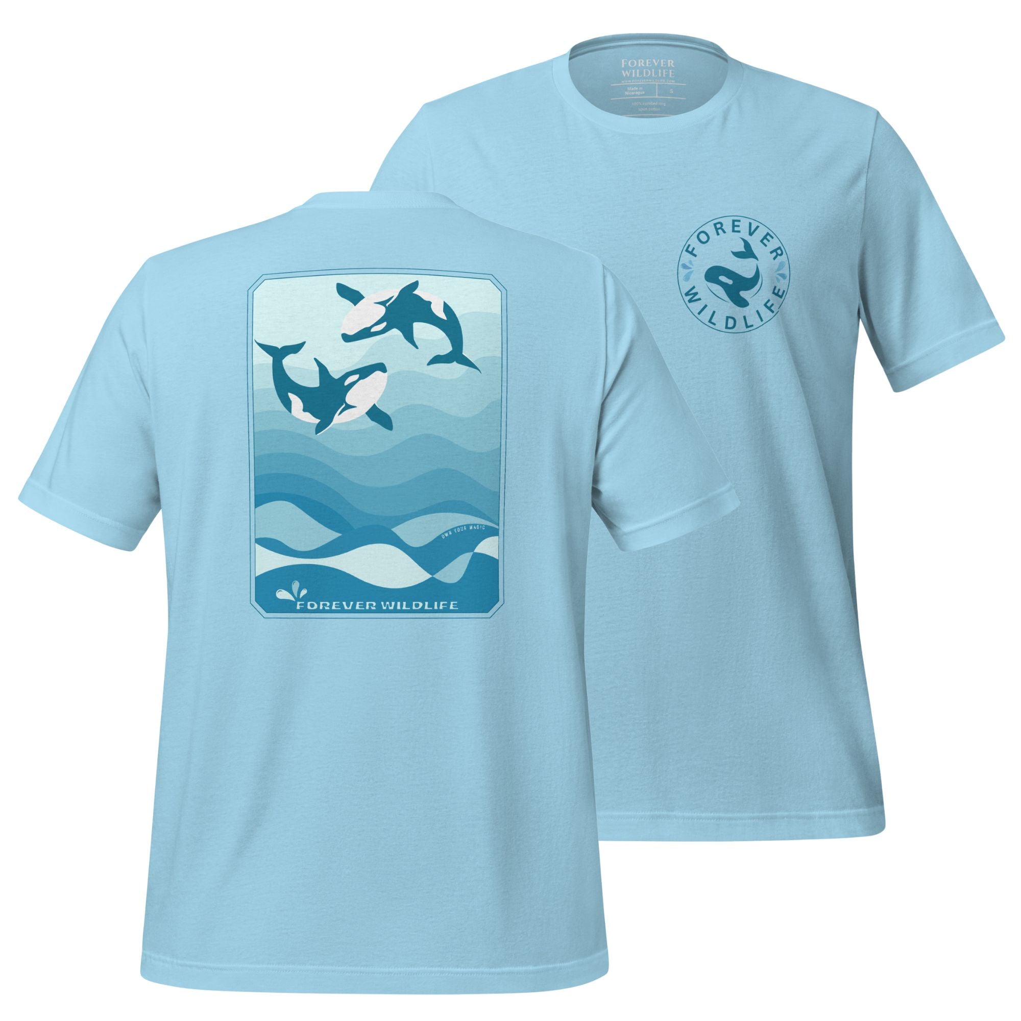 Orca Shirt, beautiful Ocean Blue Orca T-Shirt with Killer Whales on the shirt by Forever Wildlife selling Wildlife T Shirts.