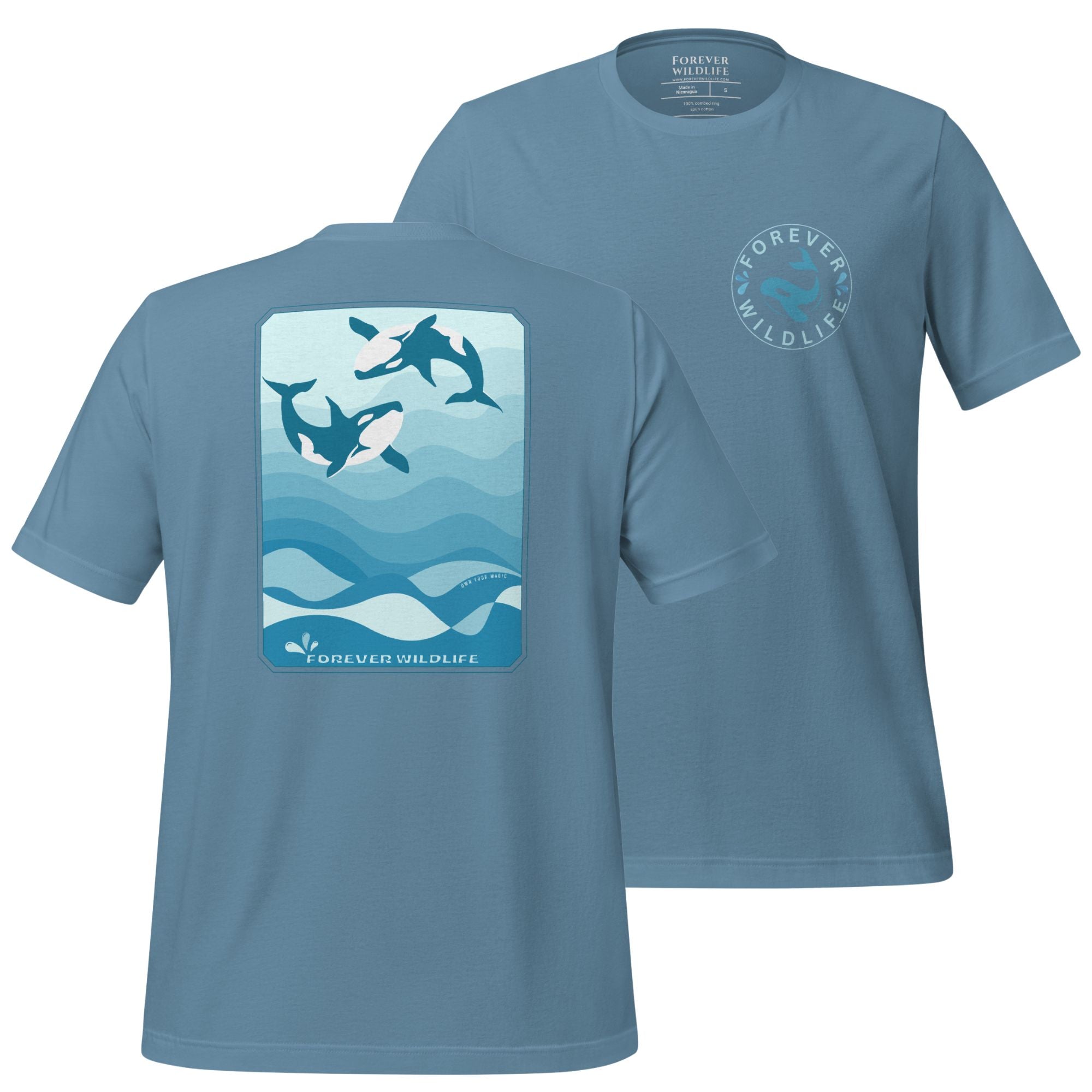 Orca Shirt, beautiful Steel Blue Orca T-Shirt with Killer Whales on the shirt by Forever Wildlife selling Wildlife T Shirts.
