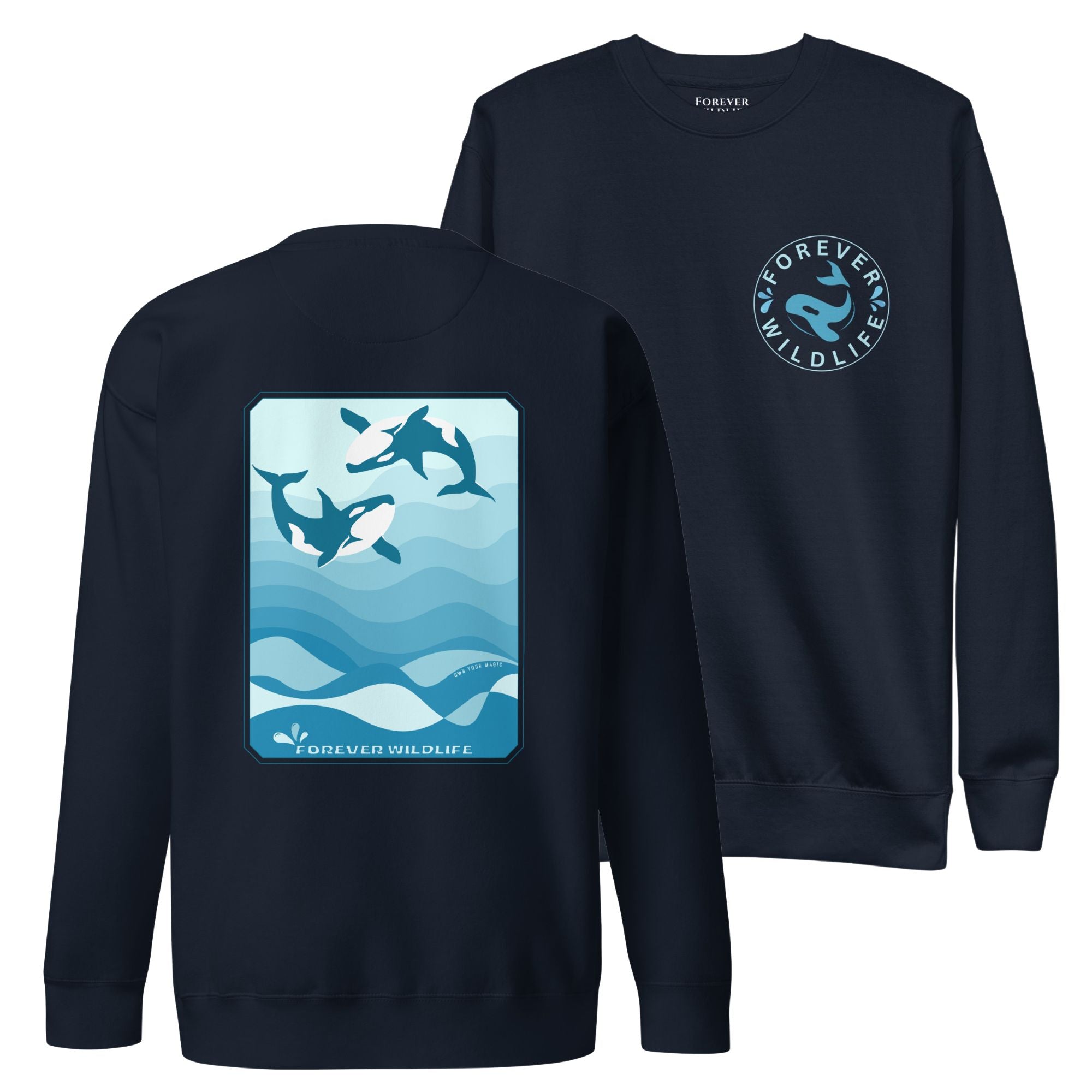 Orca Sweatshirt, beautiful Navy Orca Sweatshirt with Killer Whales on the sweatshirt by Forever Wildlife selling Wildlife Sweatshirts.