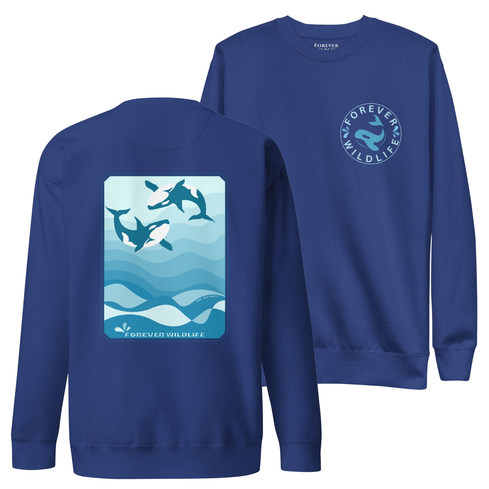 Orca Sweatshirt, beautiful team royal blue Orca Sweatshirt with Killer Whales on the sweatshirt by Forever Wildlife selling Wildlife Sweatshirts.