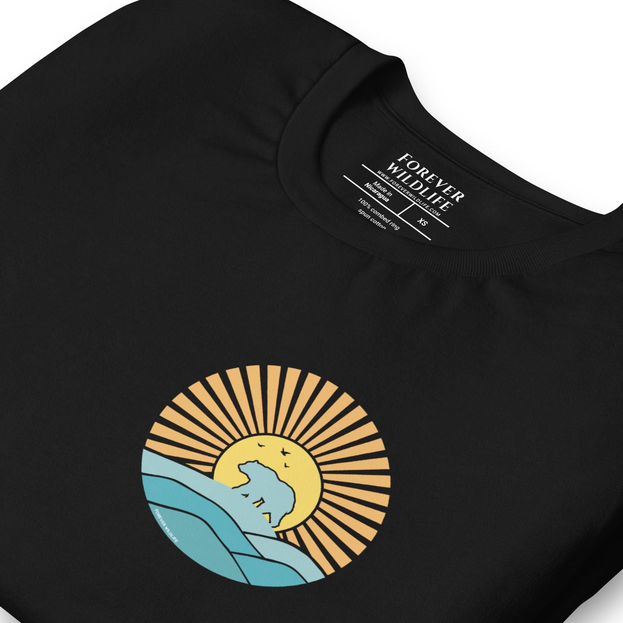 Polar Bear Shirt, stunning black Polar Bear T-Shirt with Polar Bear graphic with sunset by Forever Wildlife selling Wildlife T Shirts.