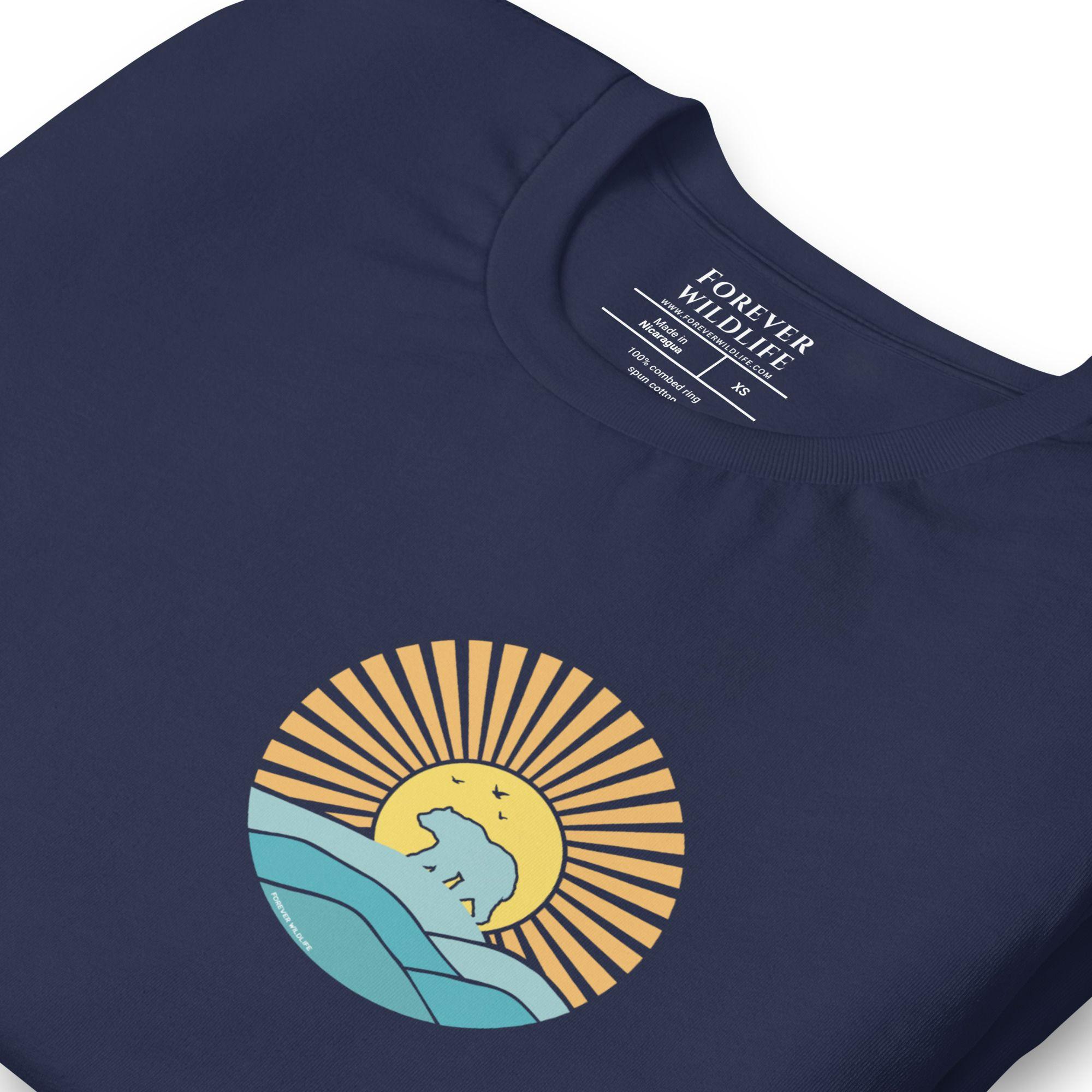 Polar Bear Shirt, stunning navy Polar Bear T-Shirt with Polar Bear graphic with sunset by Forever Wildlife selling Wildlife T Shirts.