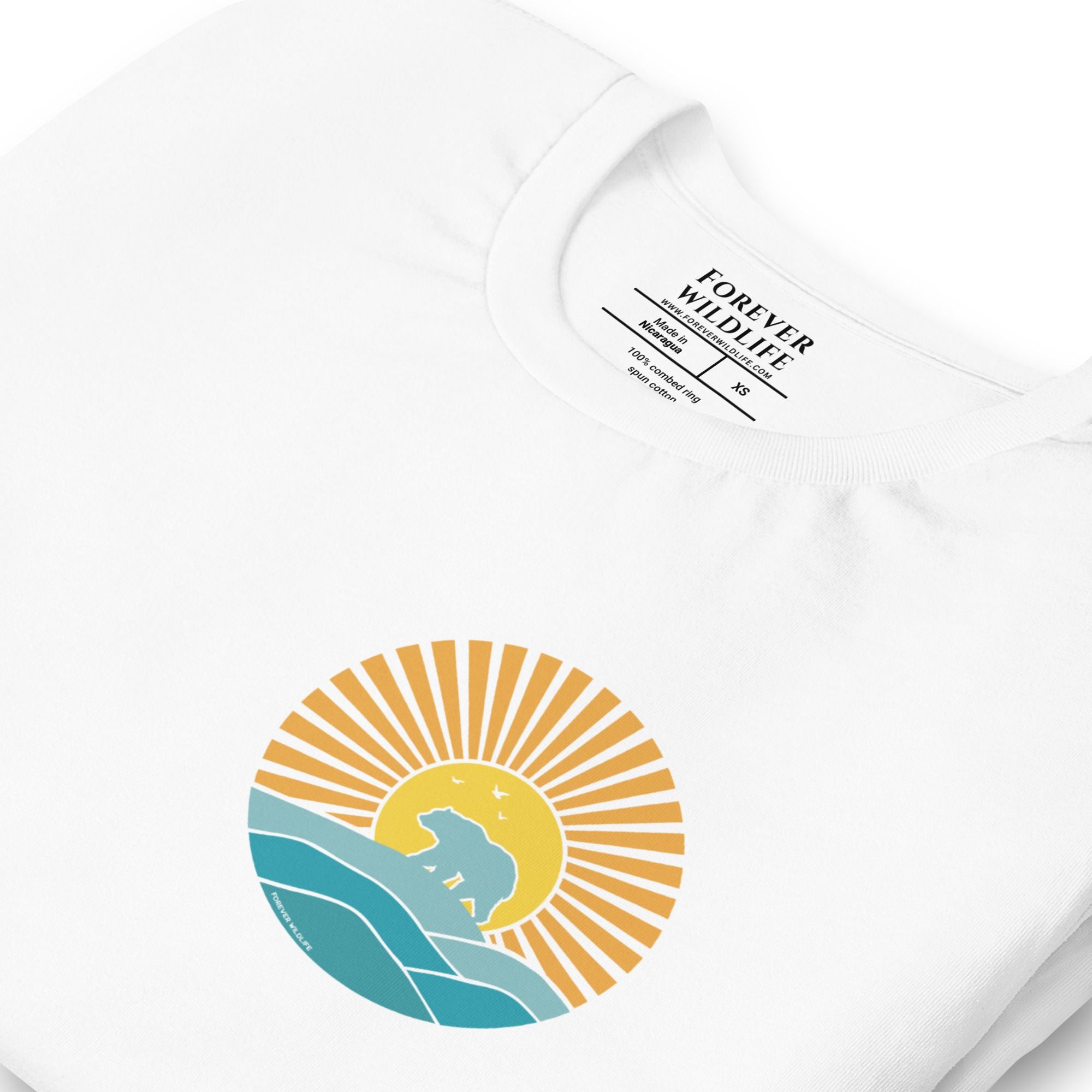 Polar Bear Shirt, stunning white Polar Bear T-Shirt with Polar Bear graphic with sunset by Forever Wildlife selling Wildlife T Shirts.