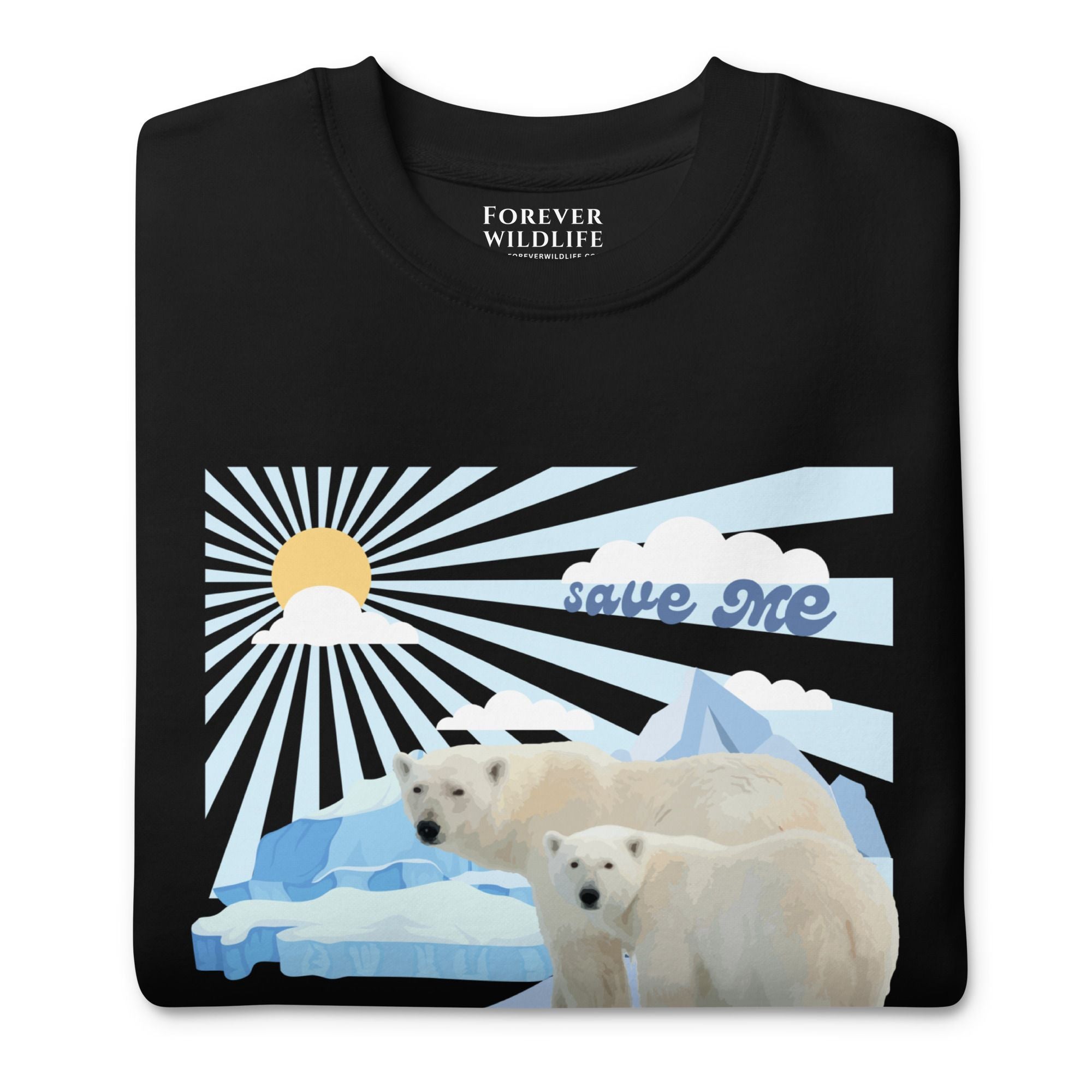 Polar Bears Sweatshirt in Black-Premium Wildlife Animal Inspiration Sweatshirt Design with 'Save Me' text, part of Wildlife Sweatshirts & Clothing from Forever Wildlife.