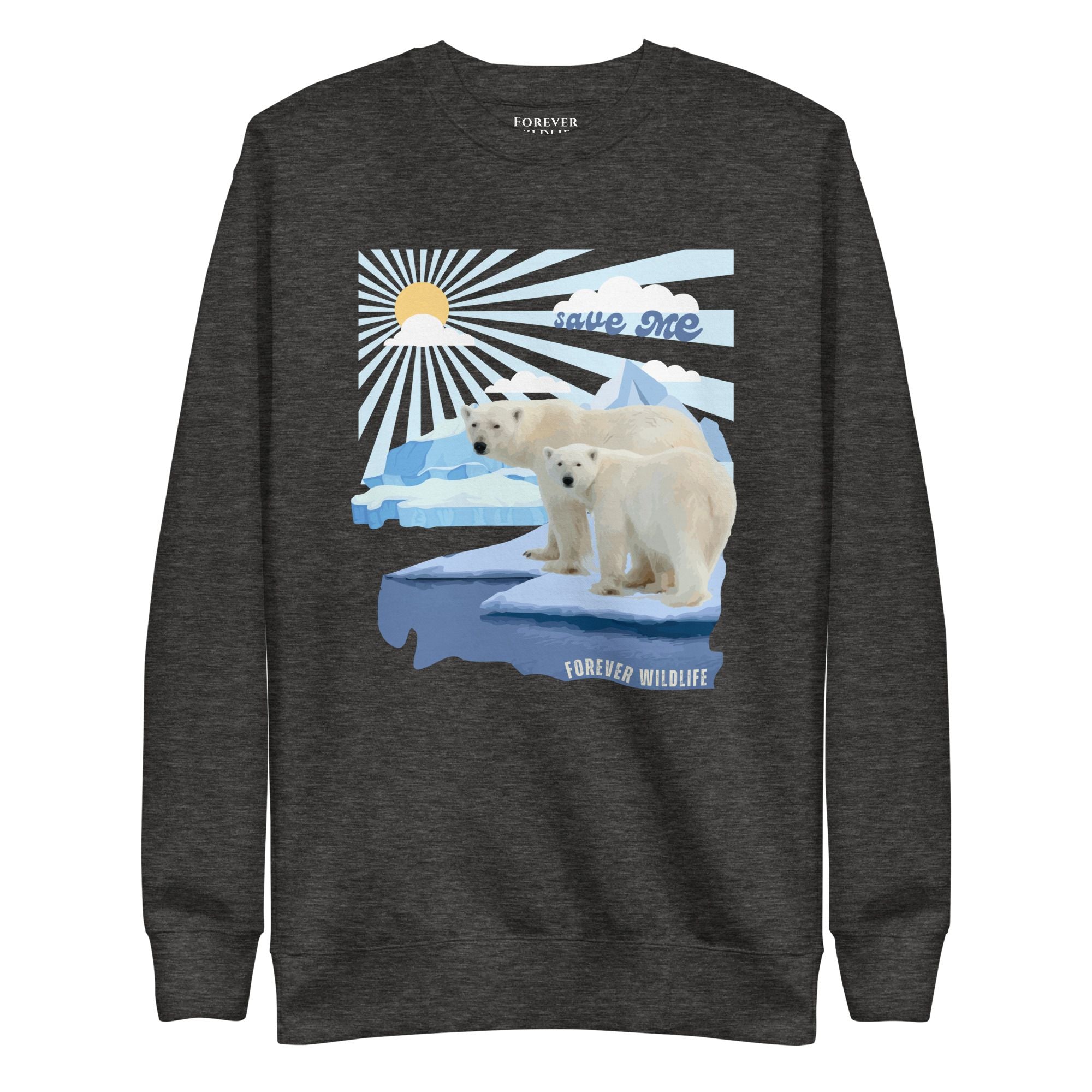 Polar Bears Sweatshirt in Charcoal Grey-Premium Wildlife Animal Inspiration Sweatshirt Design with 'Save Me' text, part of Wildlife Sweatshirts & Clothing from Forever Wildlife.