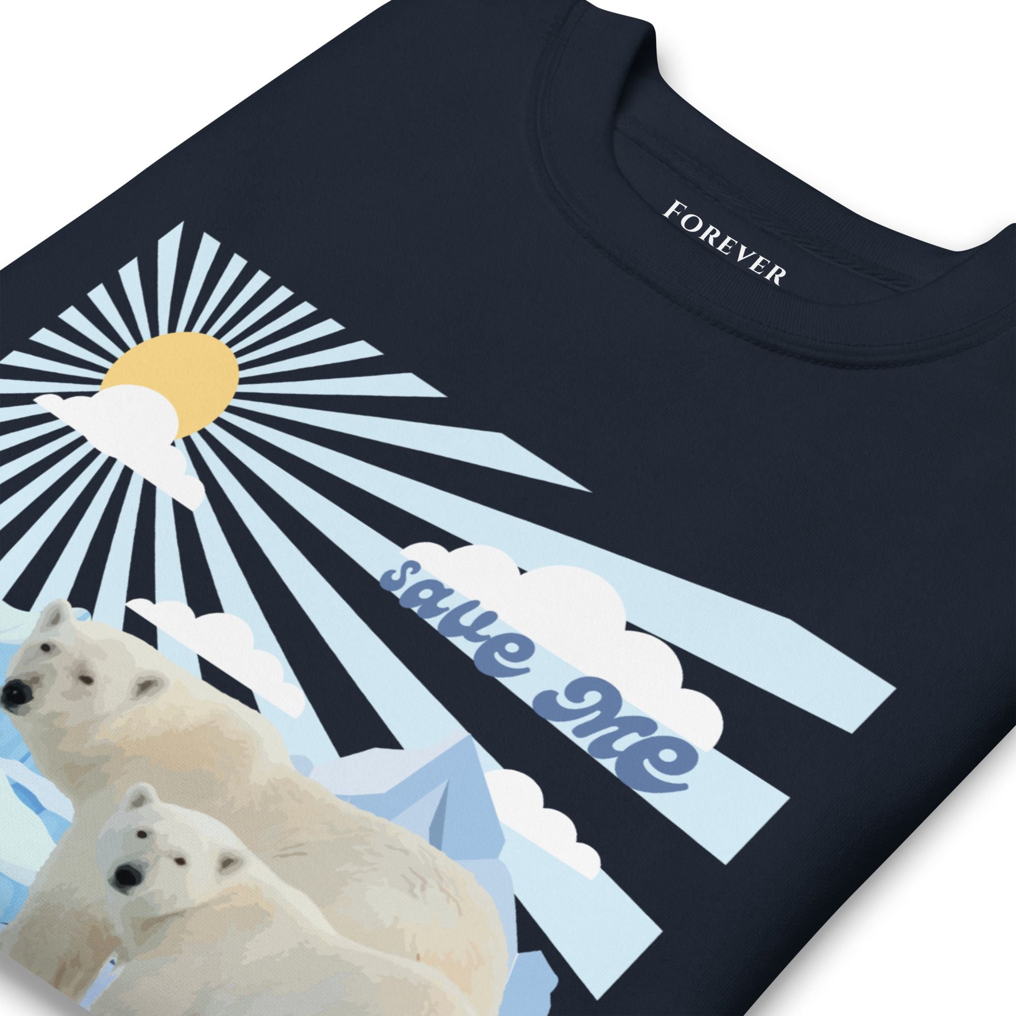 Polar Bears Sweatshirt in Navy-Premium Wildlife Animal Inspiration Sweatshirt Design with 'Save Me' text, part of Wildlife Sweatshirts & Clothing from Forever Wildlife.