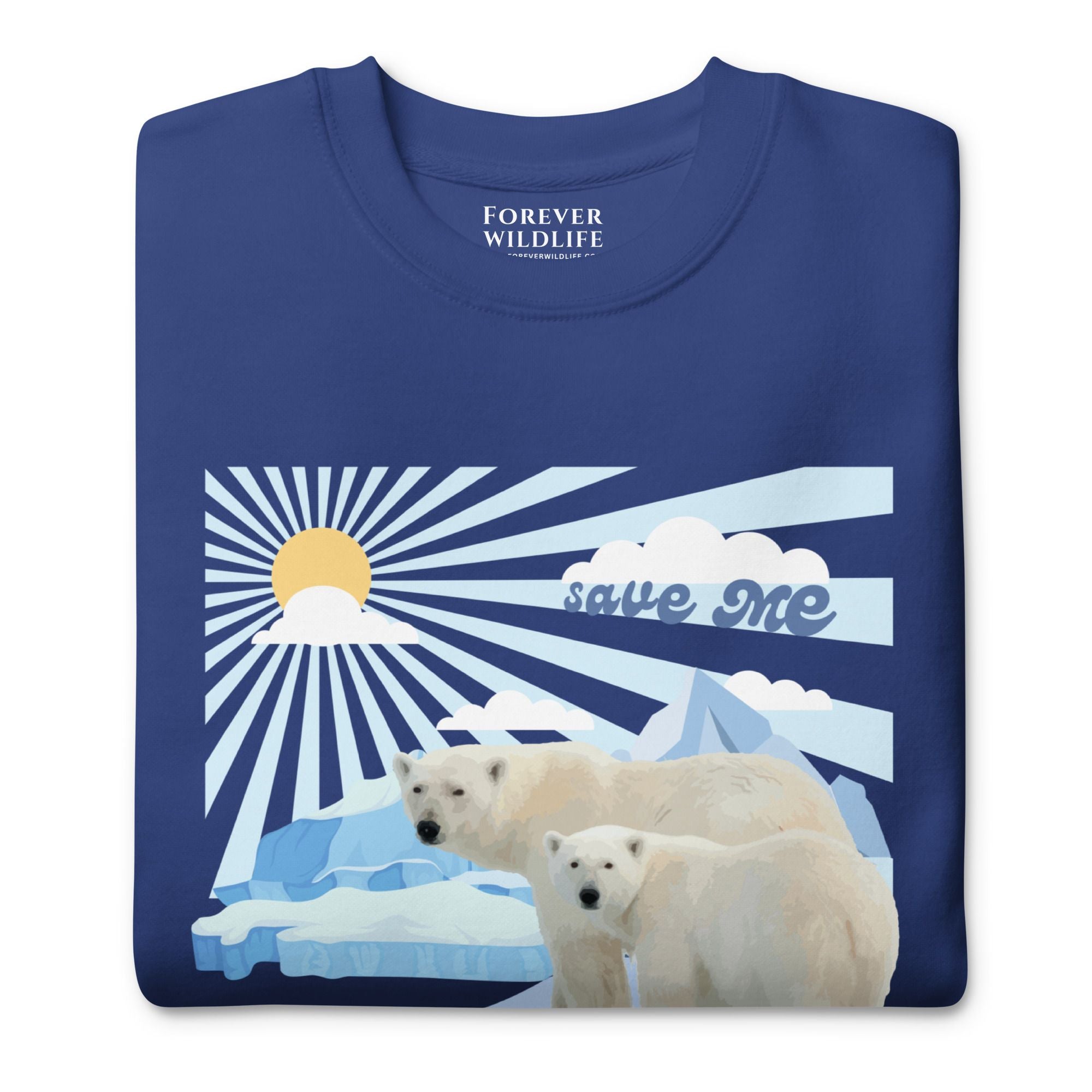 Polar Bears Sweatshirt in Royal-Premium Wildlife Animal Inspiration Sweatshirt Design with 'Save Me' text, part of Wildlife Sweatshirts & Clothing from Forever Wildlife.