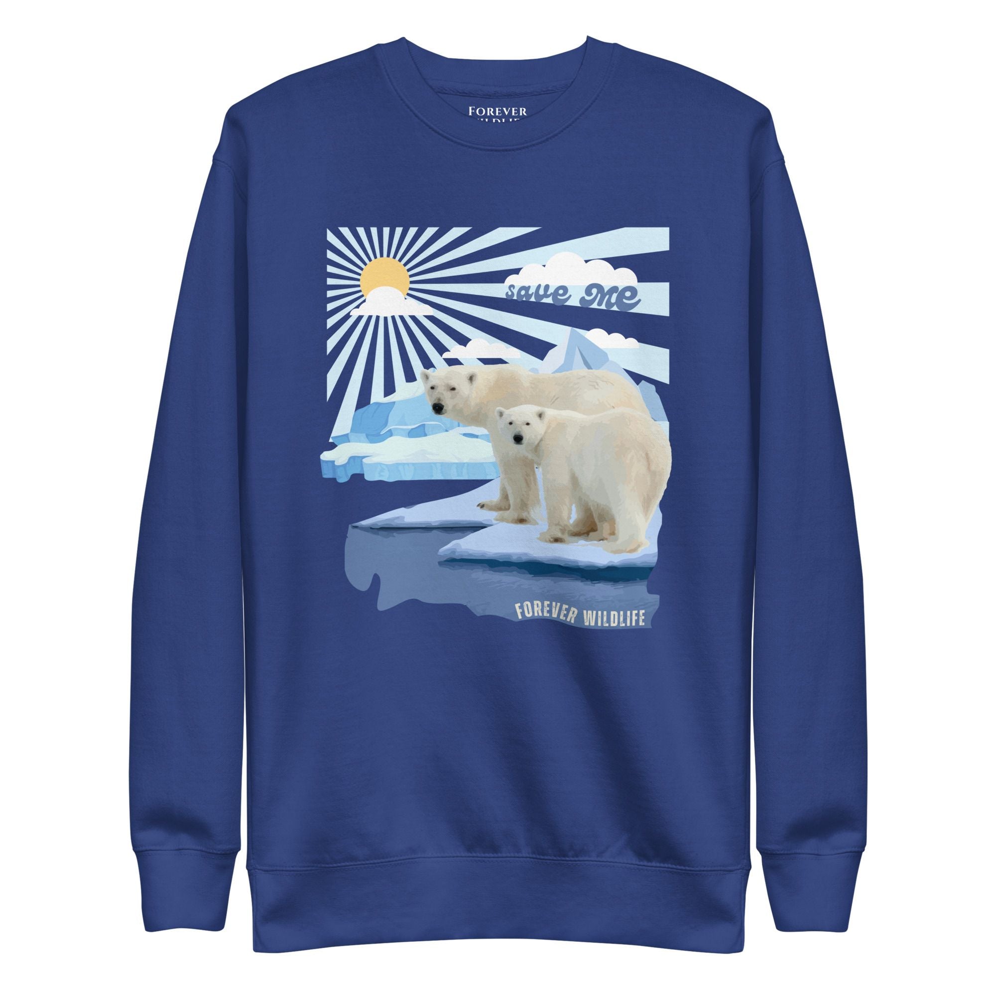  Polar Bears Sweatshirt in Royal-Premium Wildlife Animal Inspiration Sweatshirt Design with 'Save Me' text, part of Wildlife Sweatshirts & Clothing from Forever Wildlife.