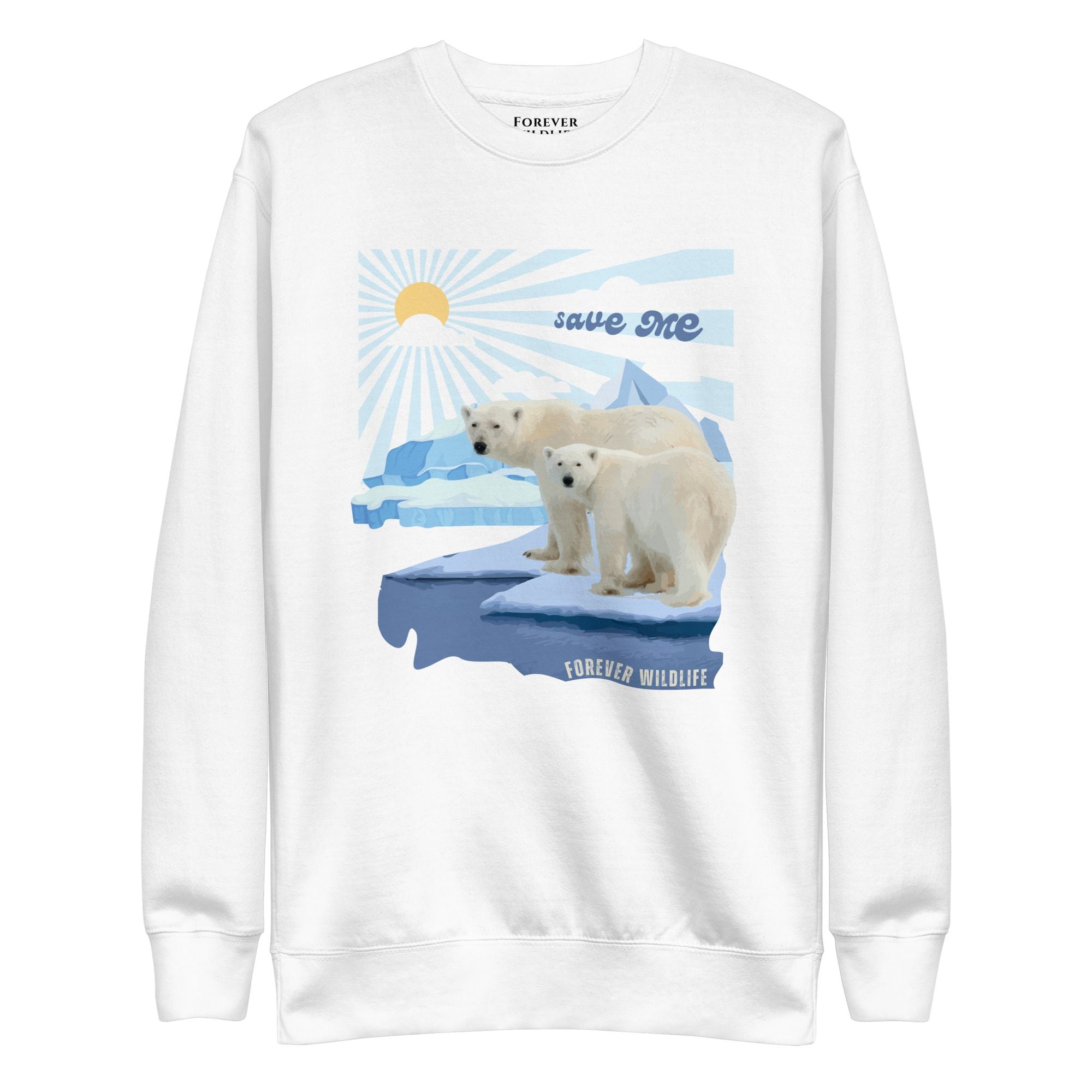 Polar Bears Sweatshirt in White-Premium Wildlife Animal Inspiration Sweatshirt Design with 'Save Me' text, part of Wildlife Sweatshirts & Clothing from Forever Wildlife.