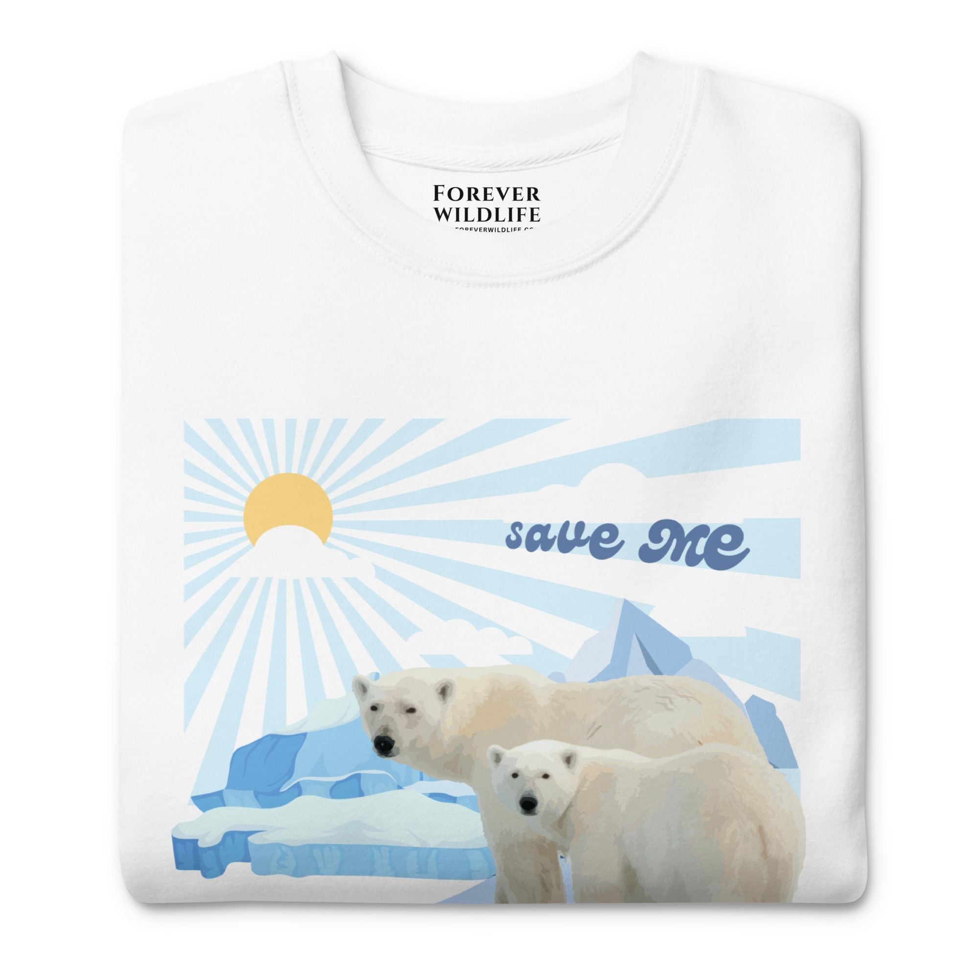 Polar Bears Sweatshirt in White-Premium Wildlife Animal Inspiration Sweatshirt Design with 'Save Me' text, part of Wildlife Sweatshirts & Clothing from Forever Wildlife.