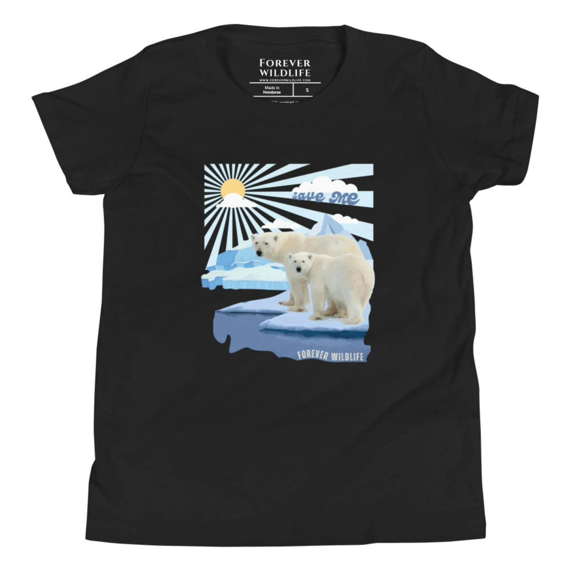 Black Save The Polar Bears Youth T-Shirt with Polar Bear graphic as part of Wildlife T Shirts, Wildlife Clothing & Apparel by Forever Wildlife